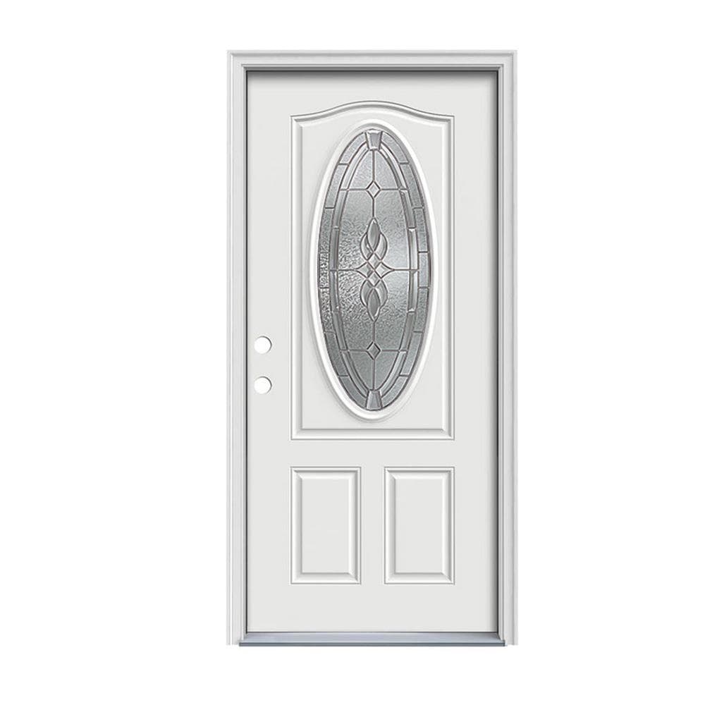 JELD-WEN JW230400108 Hampton 32-in x 80-in x 4-9/16-in Steel Oval lite Right-hand inswing Primed Prehung Front Door with Brickmould Insulating core