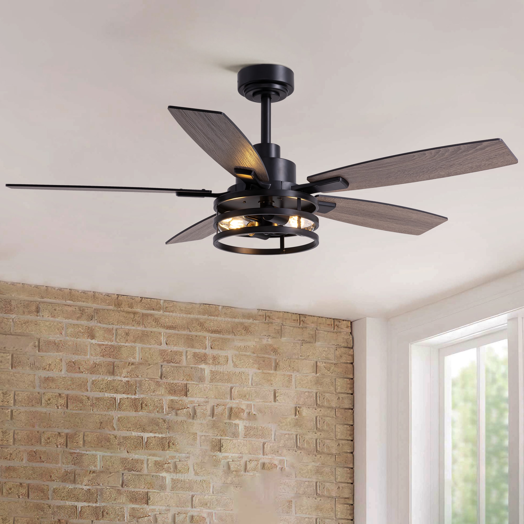 SILJOY FS-8837D-52-01 52-in Farmhouse Cage Ceiling Fan with Walnut or Black Color Blades Ceiling Fan With Light - Remote Included ( 5-Blade )