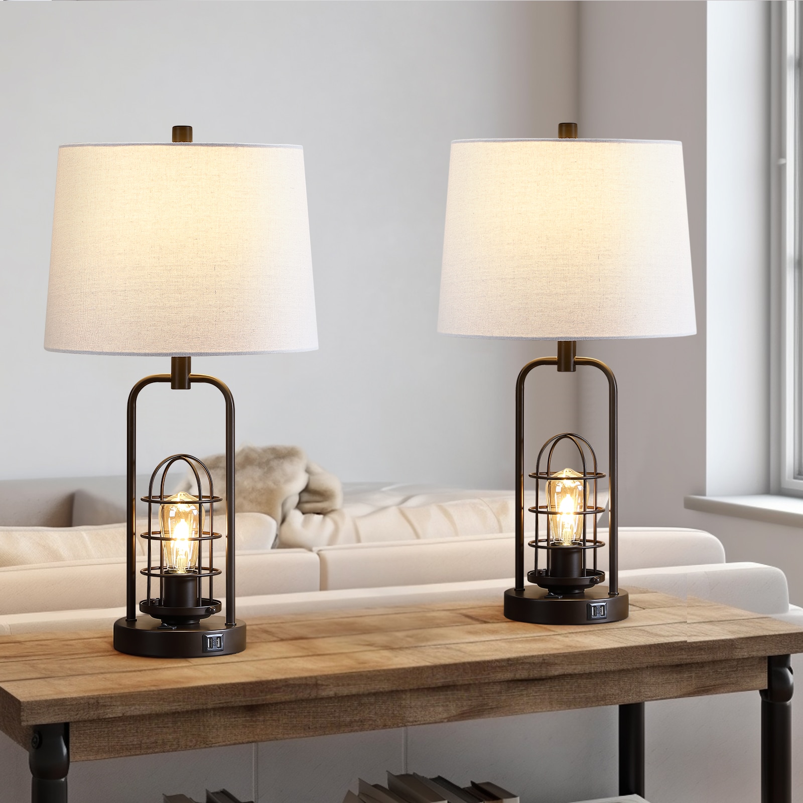 True Fine 30015T-2PK 26-in Dark Bronze LED 3-way Table Lamp with Fabric Shade 2 -Set