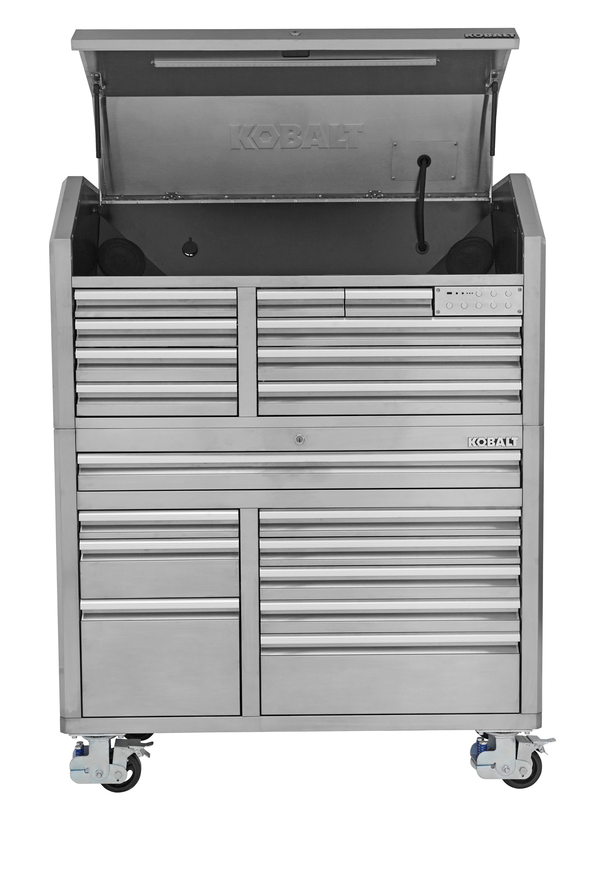 Kobalt 3000 Series 53 In W X 68 7 In H 18 Drawer Stainless Steel Rolling Tool Cabinet Stainless Steel In The Bottom Tool Cabinets Department At Lowes Com