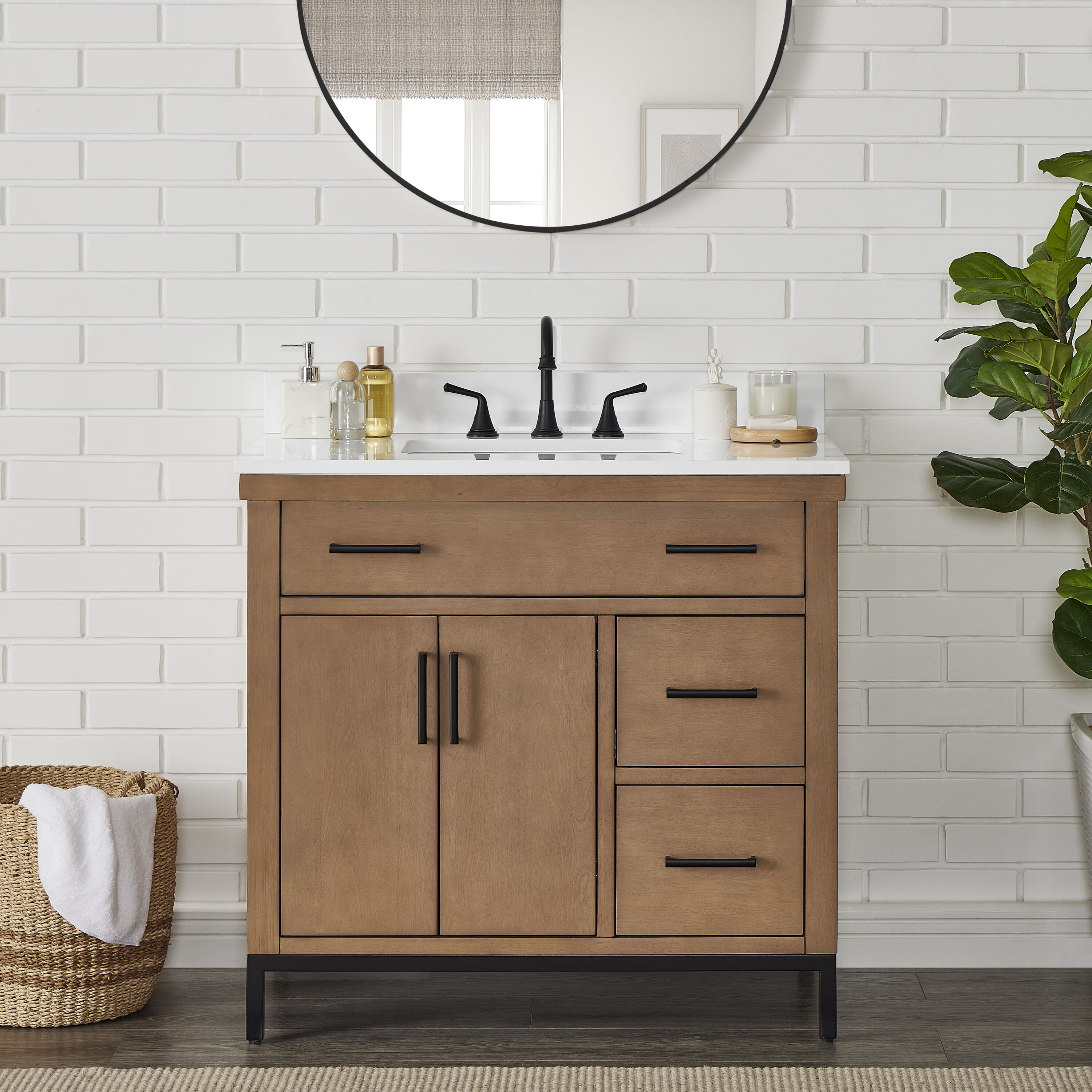 Runfine RF110442 36-in Gunny Undermount Single Sink Bathroom Vanity with Pure White Engineered Stone Top