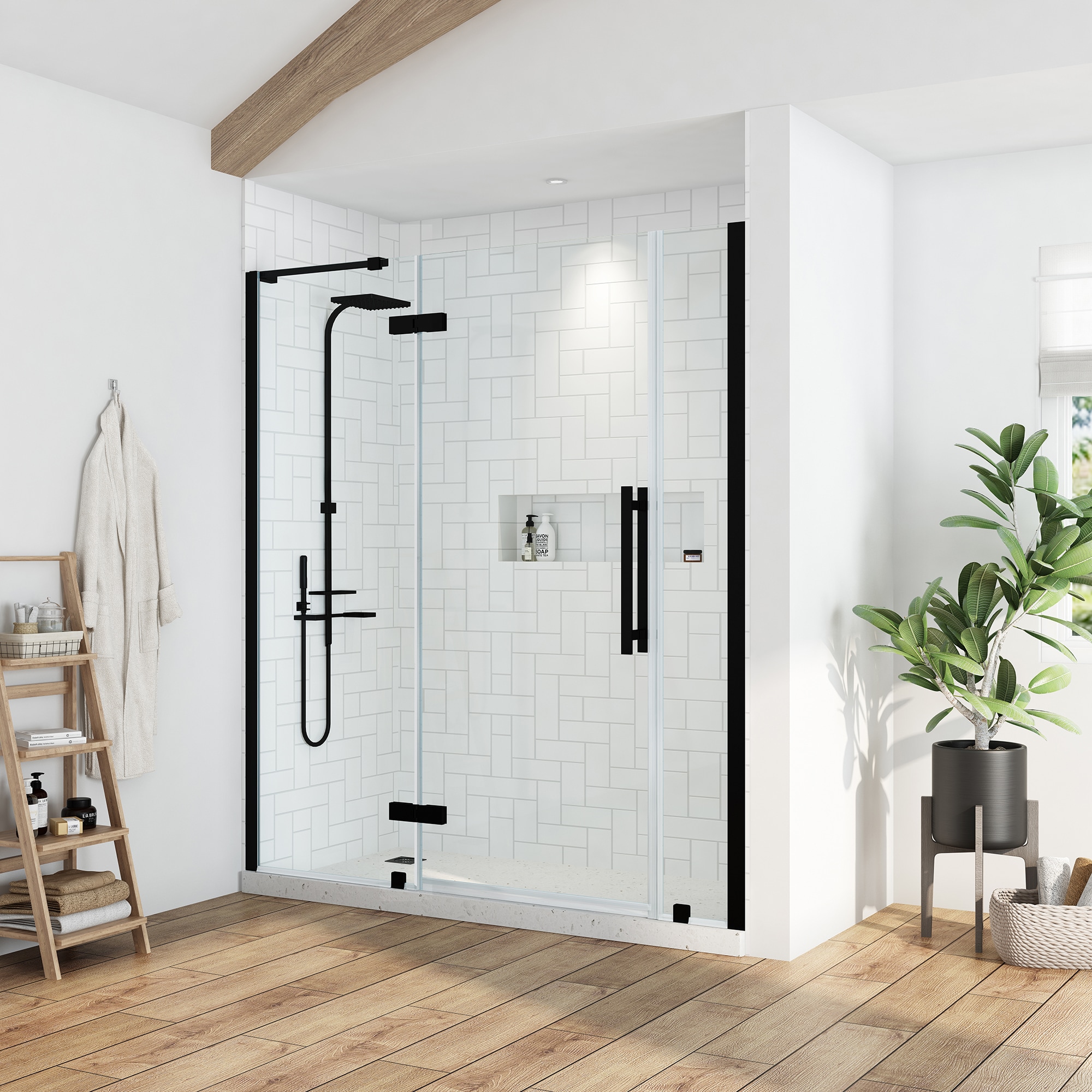 Tampa-Pro 72" Black Frameless Alcove Shower Kit with Tempered Glass