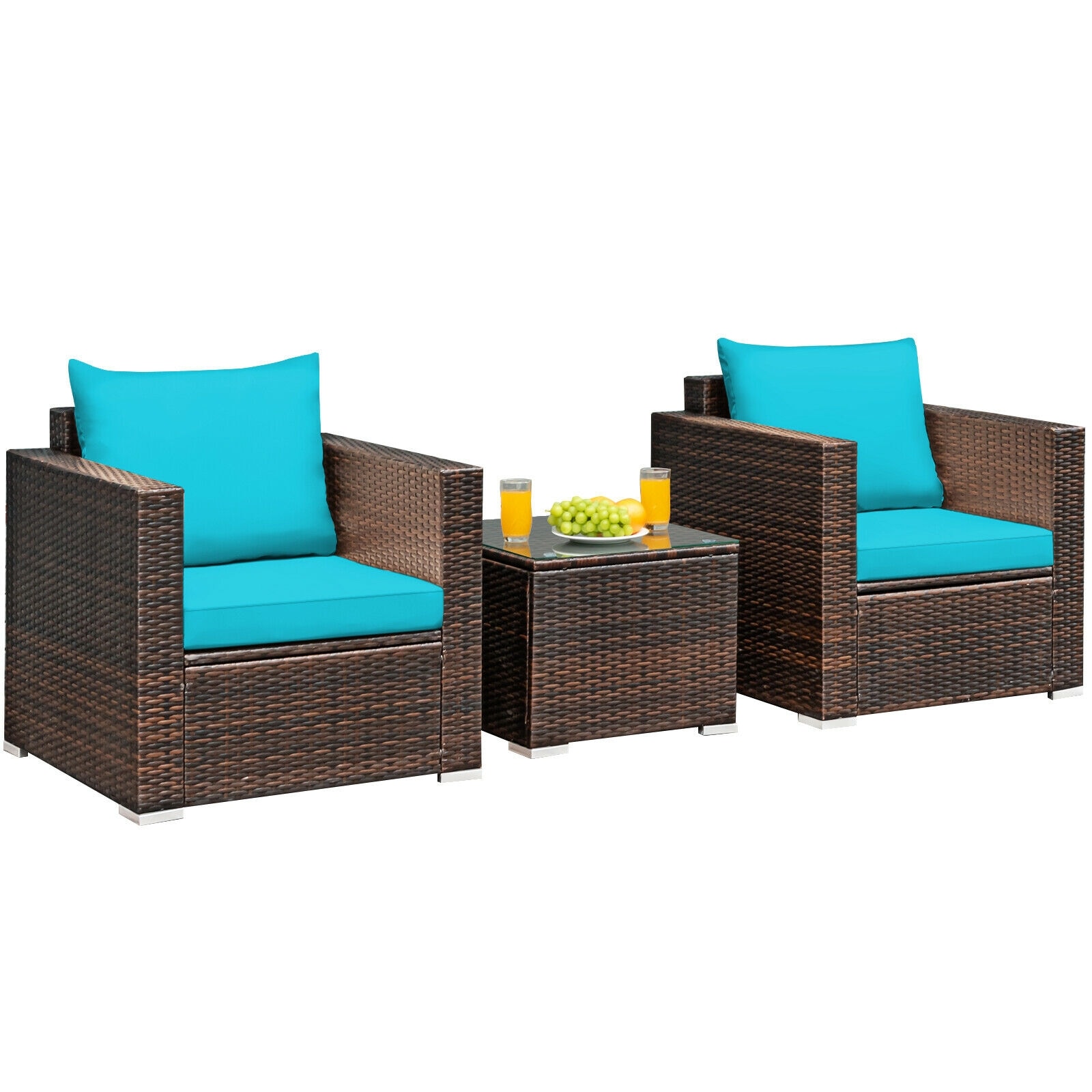 Forclover HBV-W531TU 3 Pcs Patio Conversation Rattan Furniture Set with Cushion-Turquoise