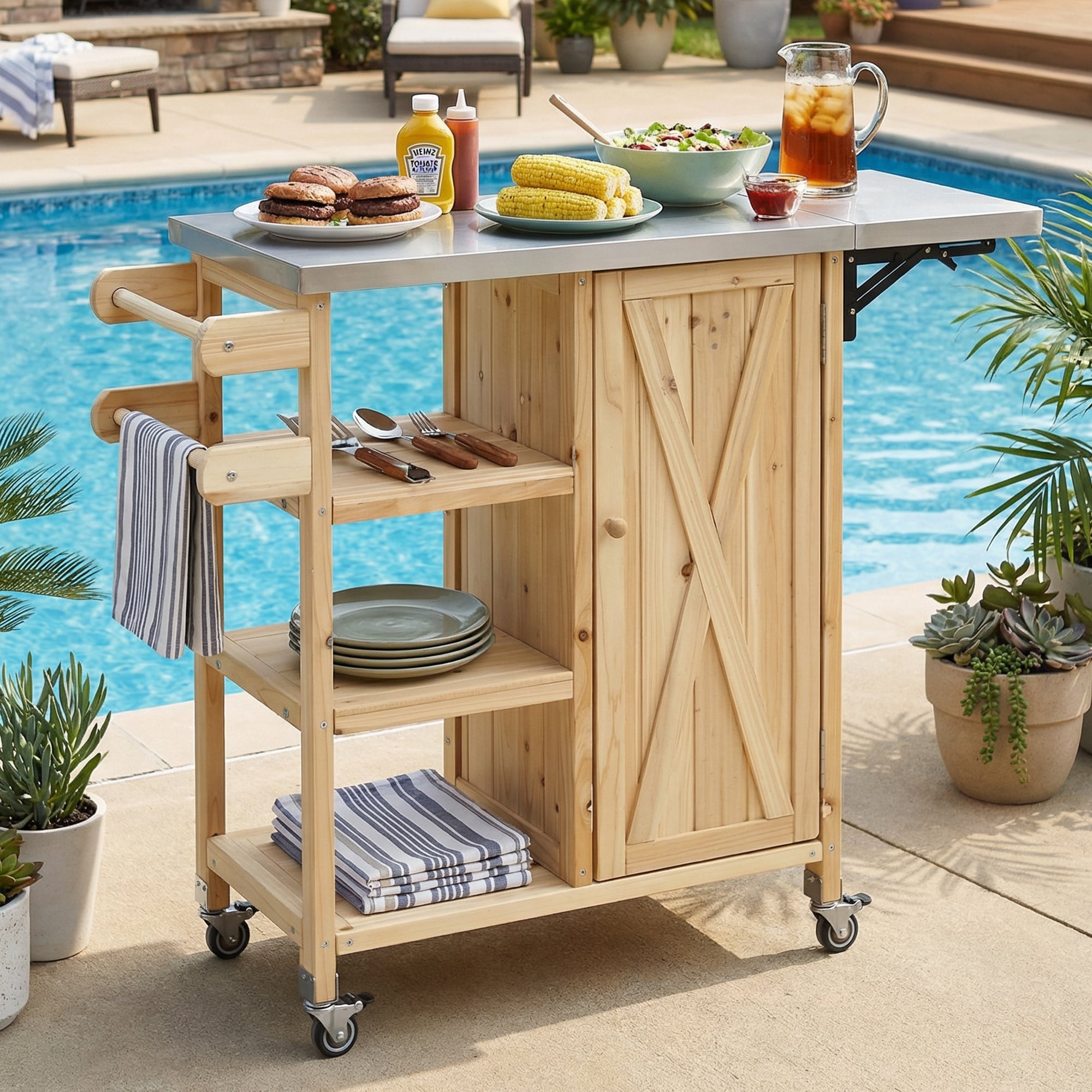 HyperDrop Cart B-2H6H7V5Z8A9X Outdoor Foldable Kitchen Island Grill Prep Table Portable Cart with Lockable Wheels Storage Towel Rack Natural