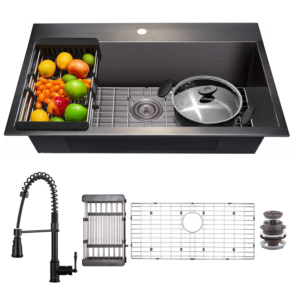 AKDY KS0518-KF12 Drop-In 32-in x 18-in Gunmetal Matte Black Stainless Steel Single Bowl 1-Hole Kitchen Sink All-in-one Kit