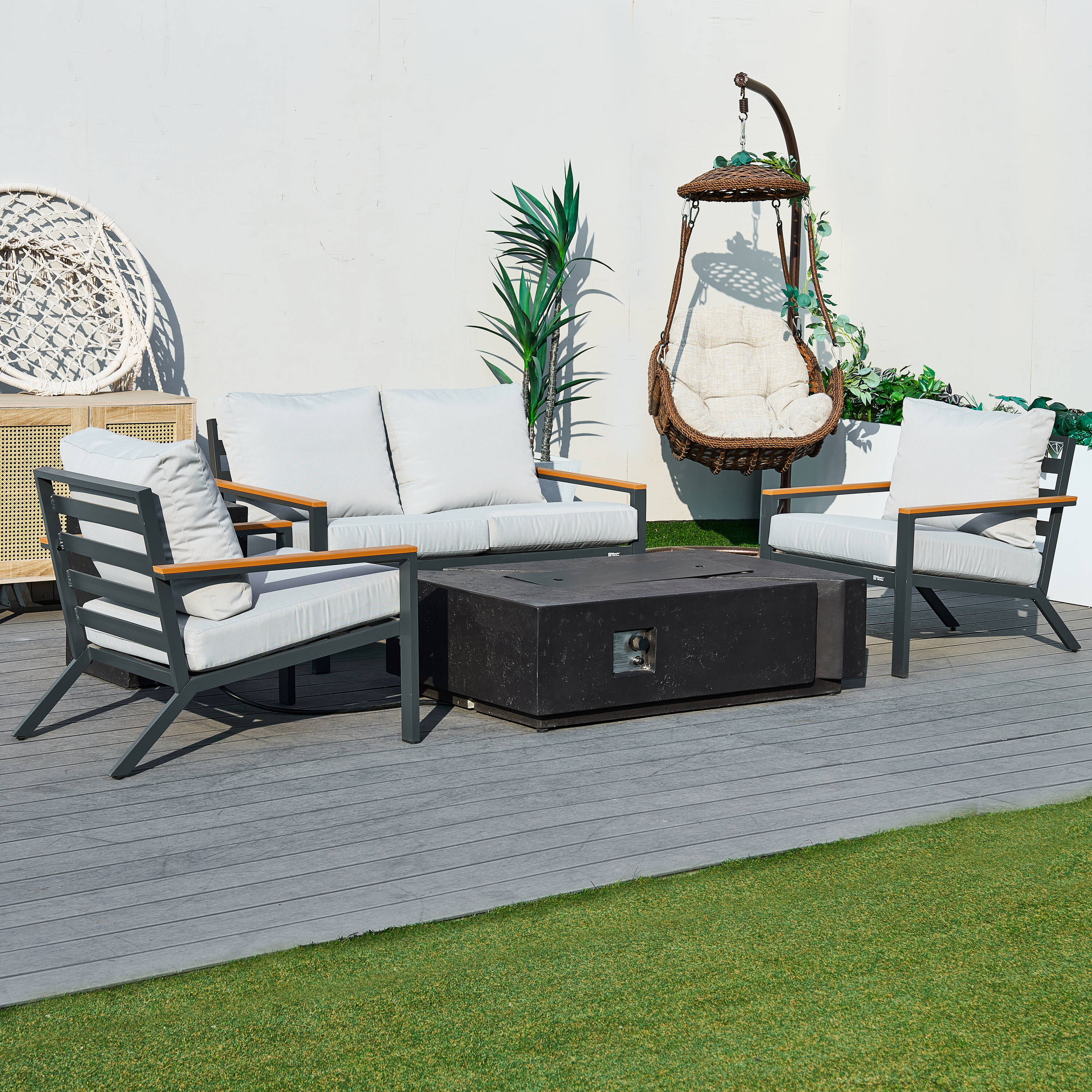 Direct Wicker DWS-2481LS2SC&913BK 5 -Piece 3 Patio Sofa Conversation Set with Gray Cushions