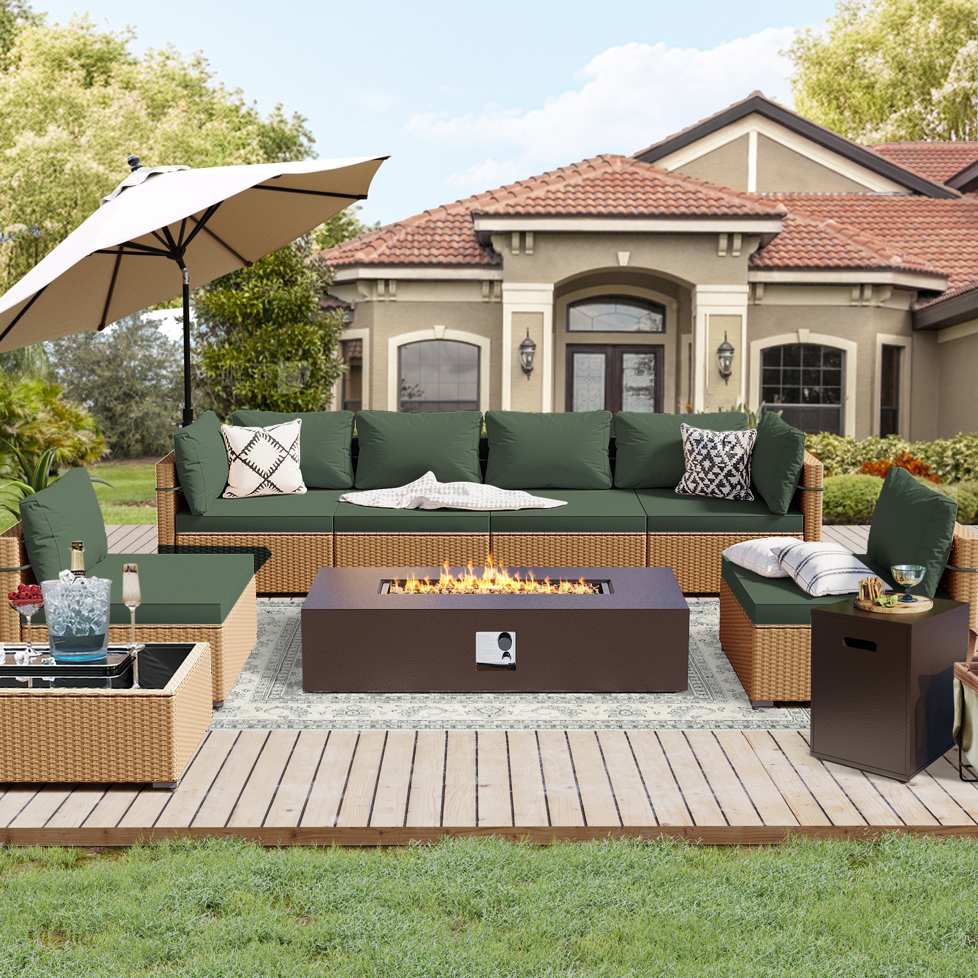 UPHA PL-2CZ-56TPBR-H2 9-Pieces Beige Wicker Patio Furniture Set With 56 in. Rectangular Iron Outdoor Dark Brown Fire Pit Table, Conversation Set with Pine Green Cushions 9 -Piece Wicker 4 Patio Sofa Conversation Set with Green Cushions