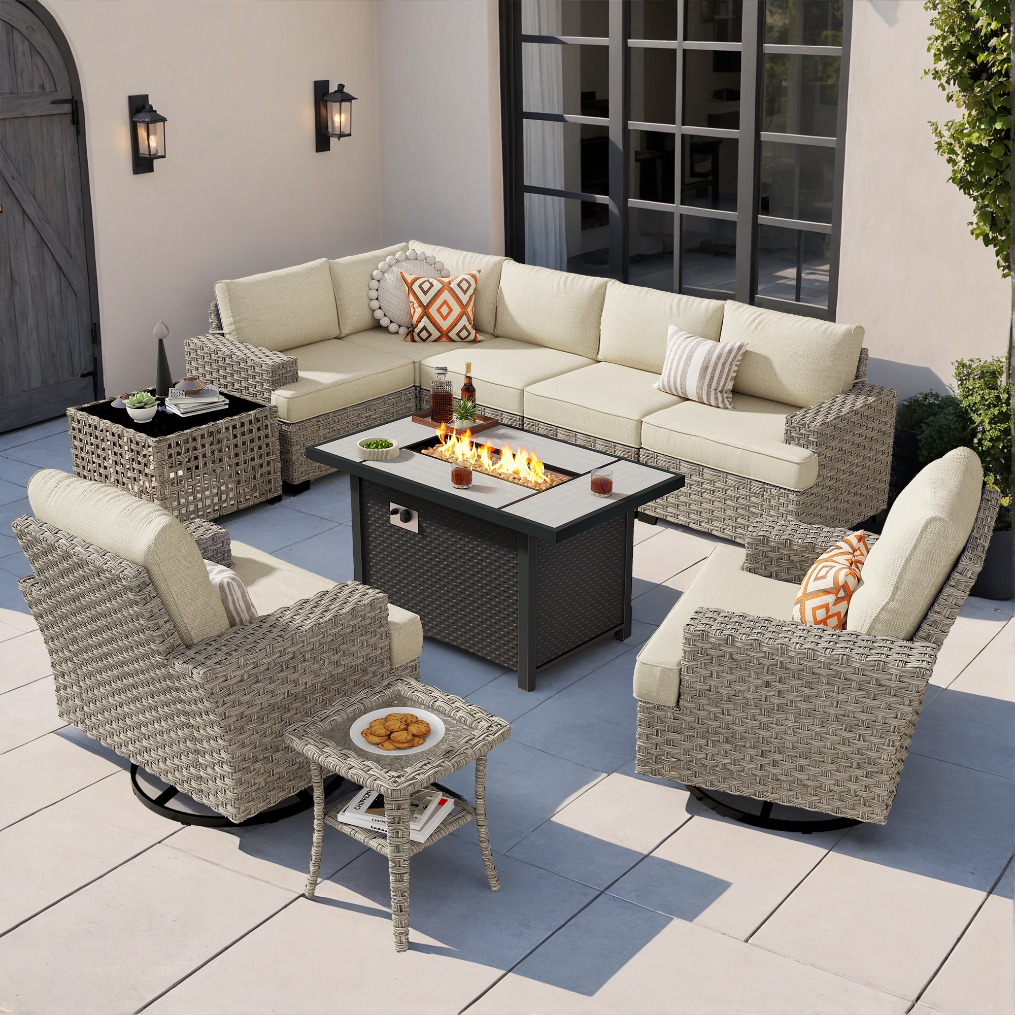 Ovios RFPTS609Y 10 -Piece Rattan Patio Conversation Set with Beige Cushions