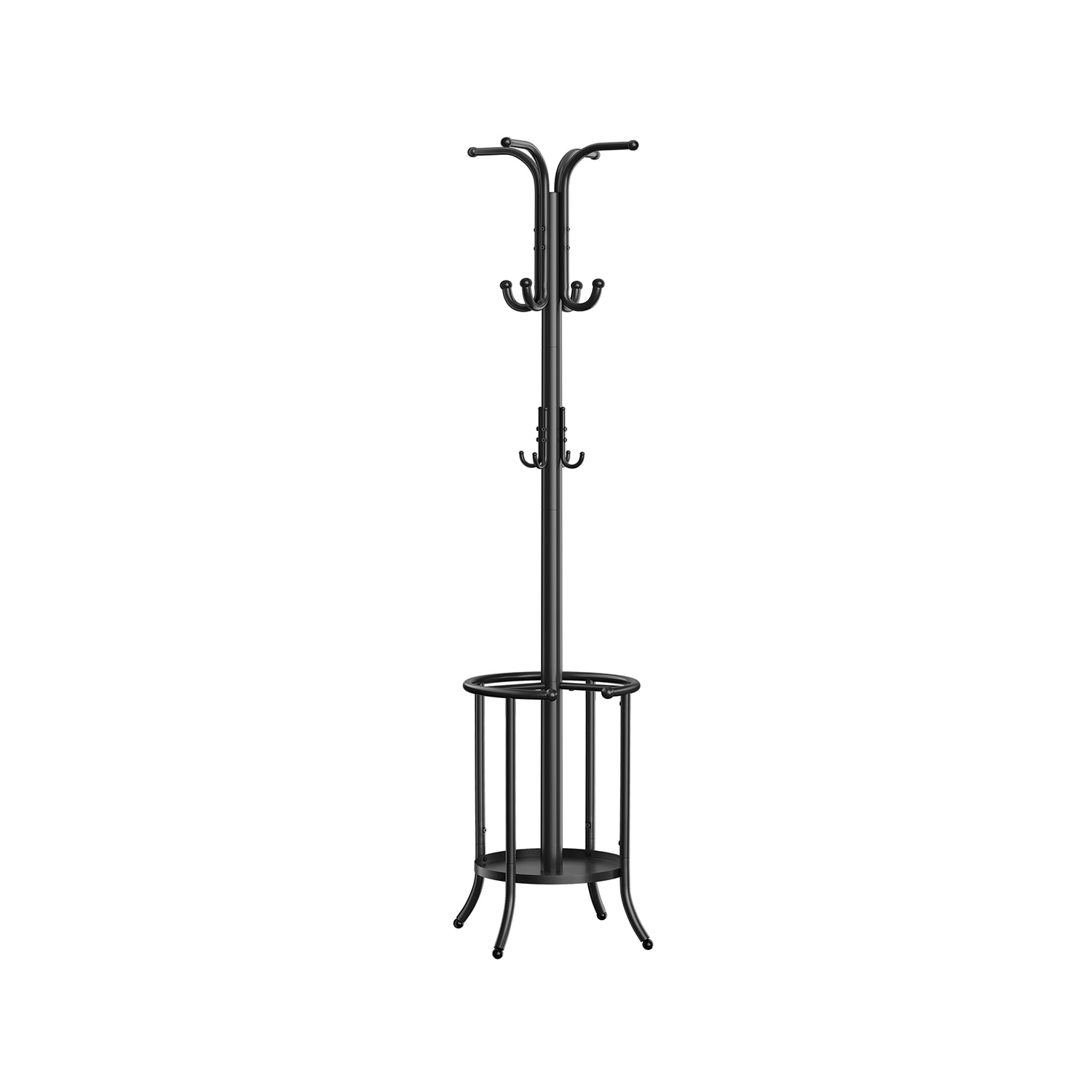 Slickblue 12-Hook Coat Rack with Umbrella Holder and Drip Tray - Free-Standing for Entryway Hallway Living Room Mudroom- Metal- Ink Black
