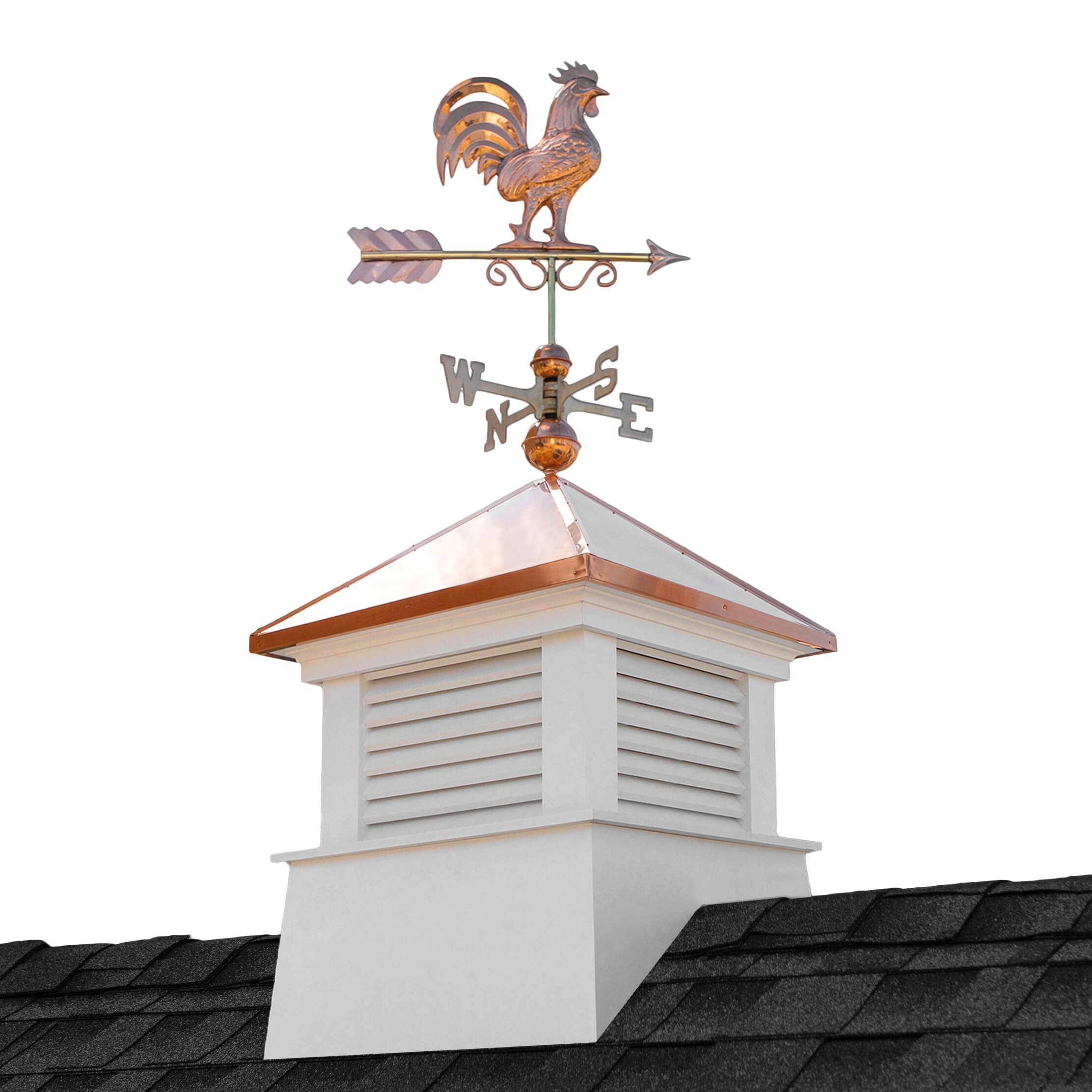 Good Directions 2126MV-1975P Manchester Cupola with Copper Rooster Weathervane 26-in x 59-in White Vinyl Cupola with Copper Roof