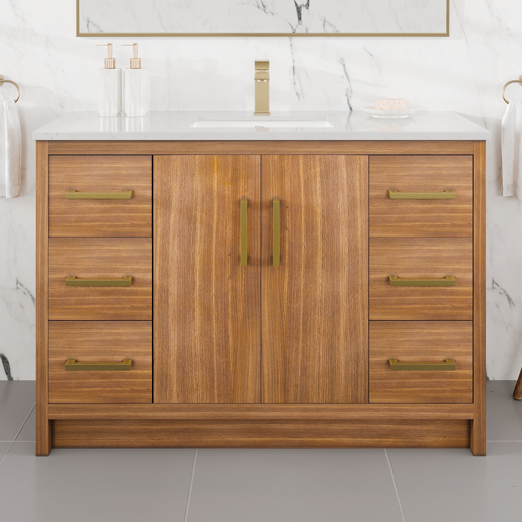 Eviva EVVN812-48X18WN Curio 48-in Walnut Undermount Single Sink Bathroom Vanity with White Quartz Top