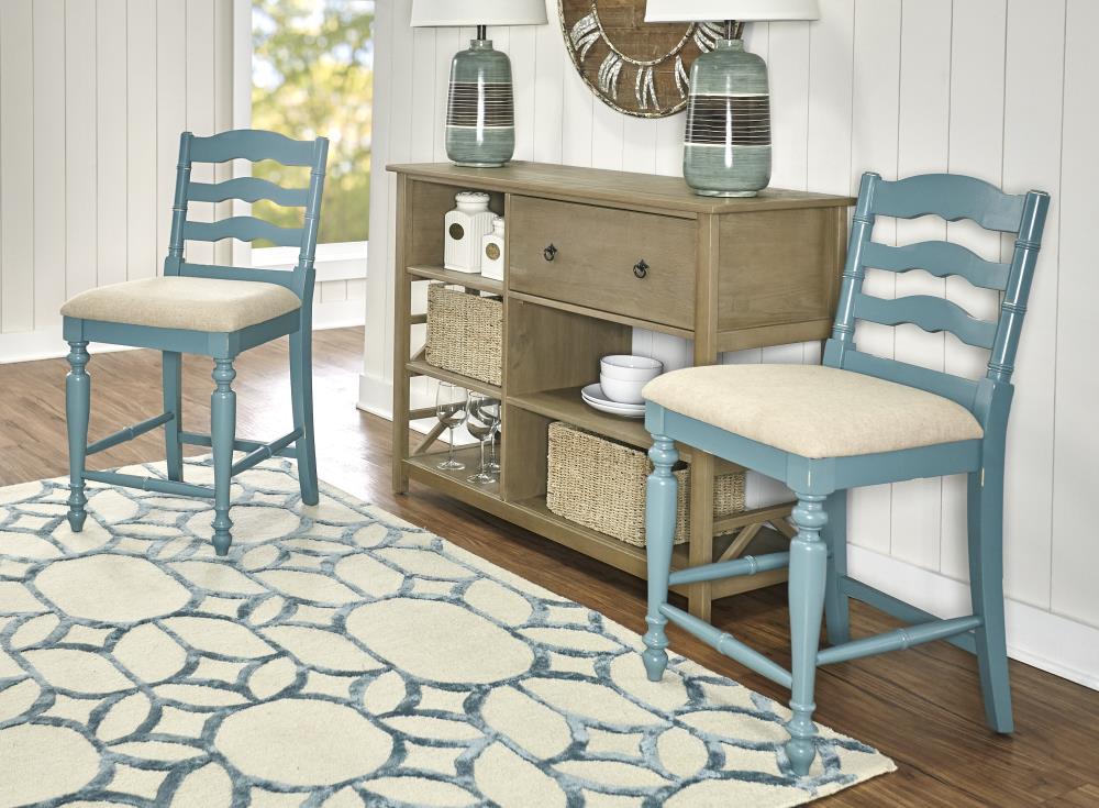 Antique Blue 24" Wood and Metal Counter Stool with Upholstered Seat