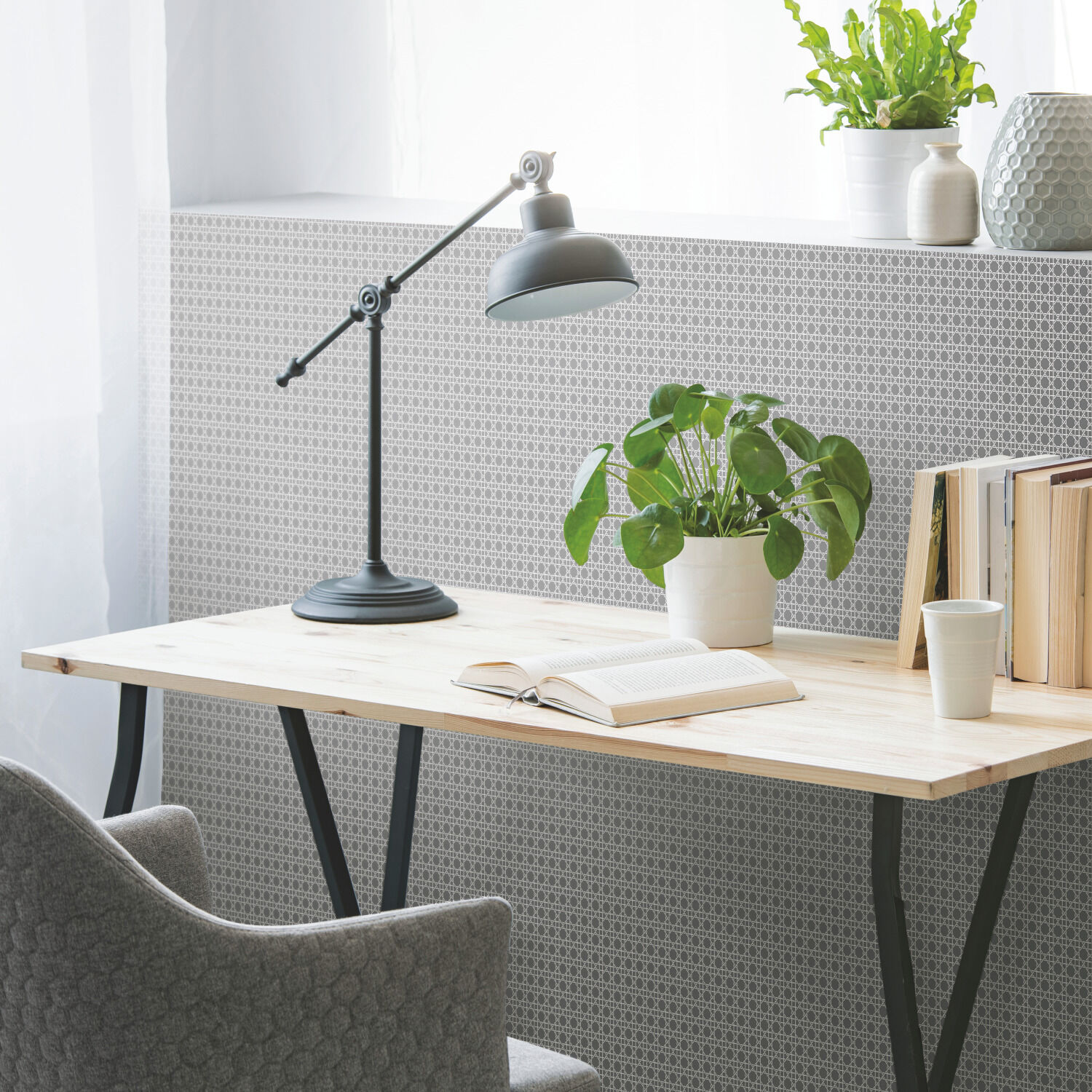 RoomMates RMK11307RL 28.29-Sq. Feet Gray Vinyl Geometric Self-adhesive Peel and Stick Wallpaper