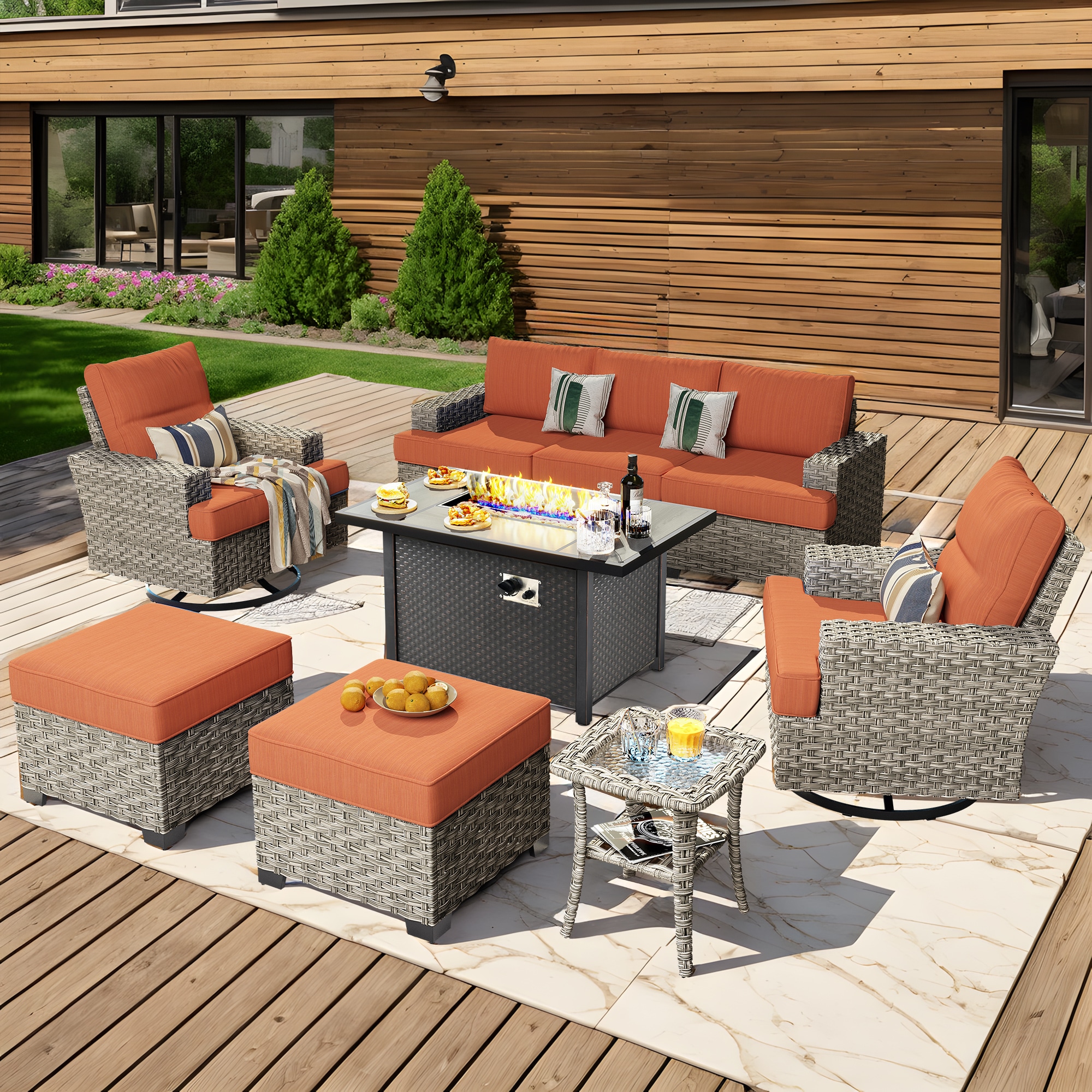 Caodoc L5-CFP03-YZTBS809-1 CFP03-YZTBS Rattan Outdoor Sectional with Orange Cushions and Wicker Frame