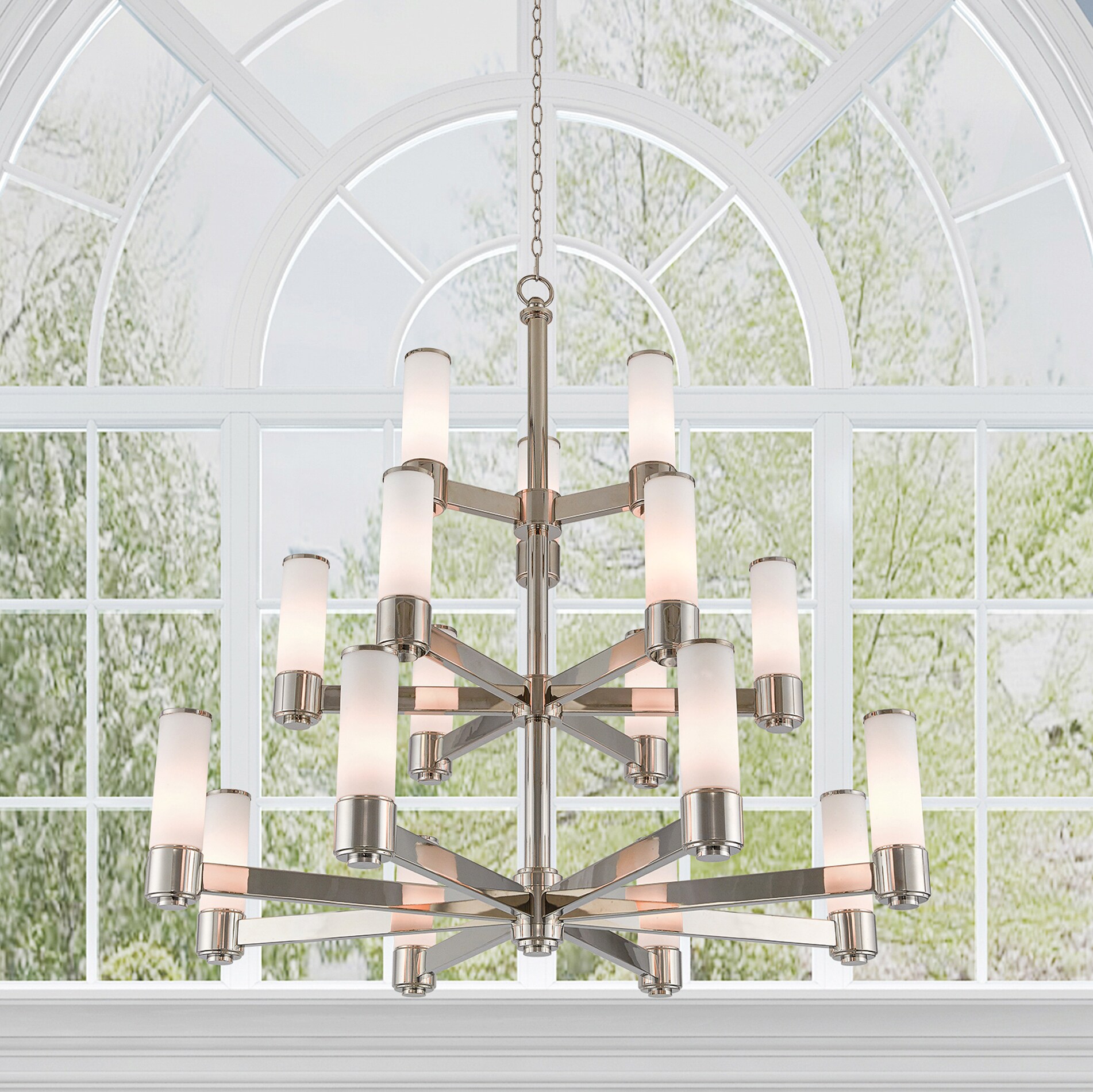 Polished Nickel 17-Light Chandelier with Satin Opal Glass