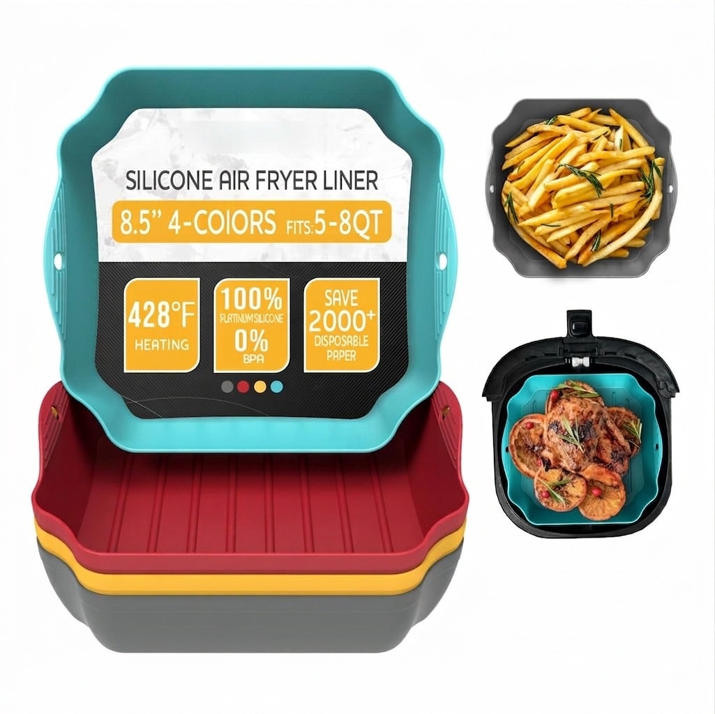 Misopily Silicone Air Fryer Liners Set of 4 for 5 to 8 Quart Square Basket Reusable Nonstick Handles Holes Dishwasher Safe Oil Draining Tray #L05MS10064