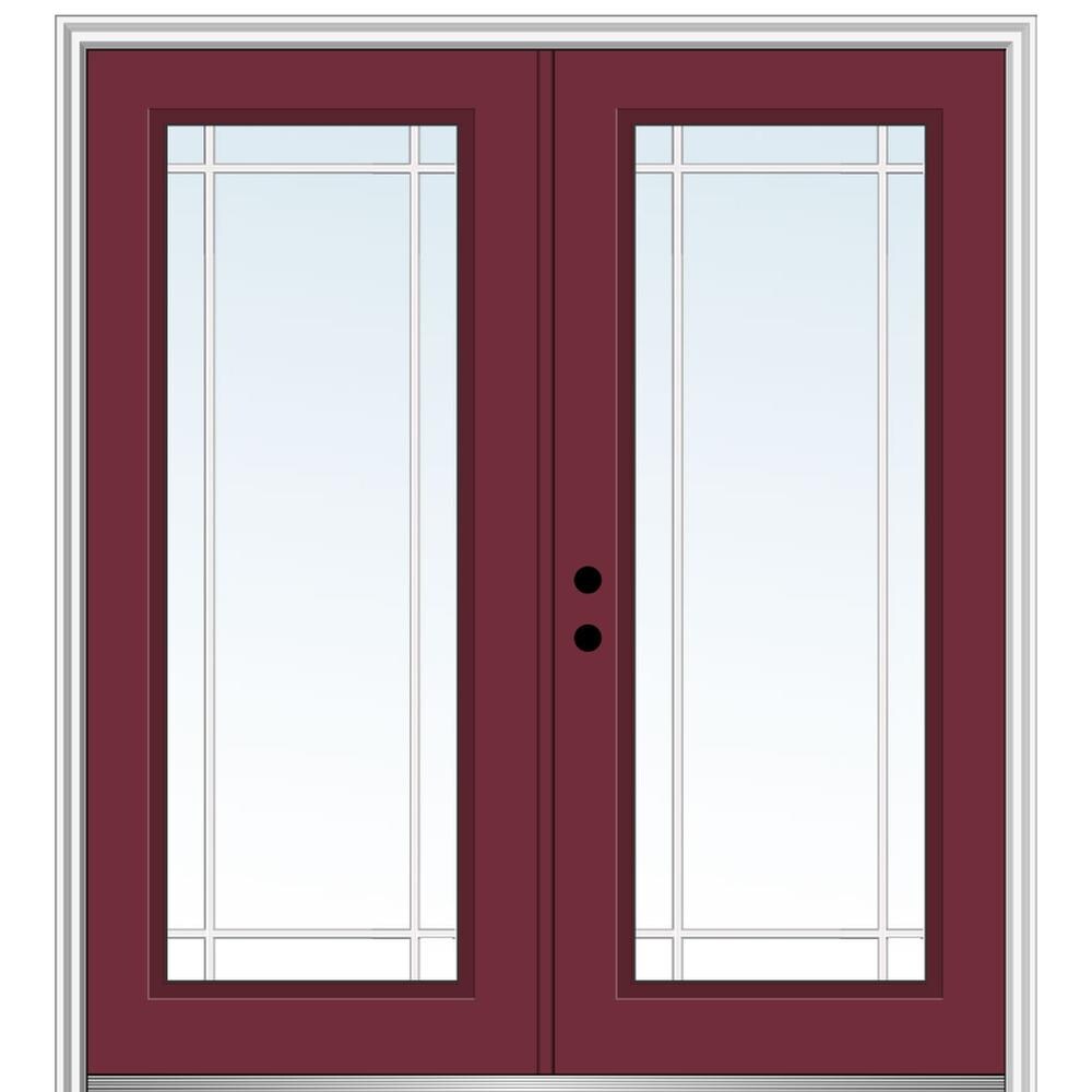 MMI DOOR ZZ05588R 60-in x 80-in x 4-9/16-in Fiberglass Full lite Right-hand inswing Burgundy Painted Prehung Double Front Door with Brickmould Insulating core with Grilles