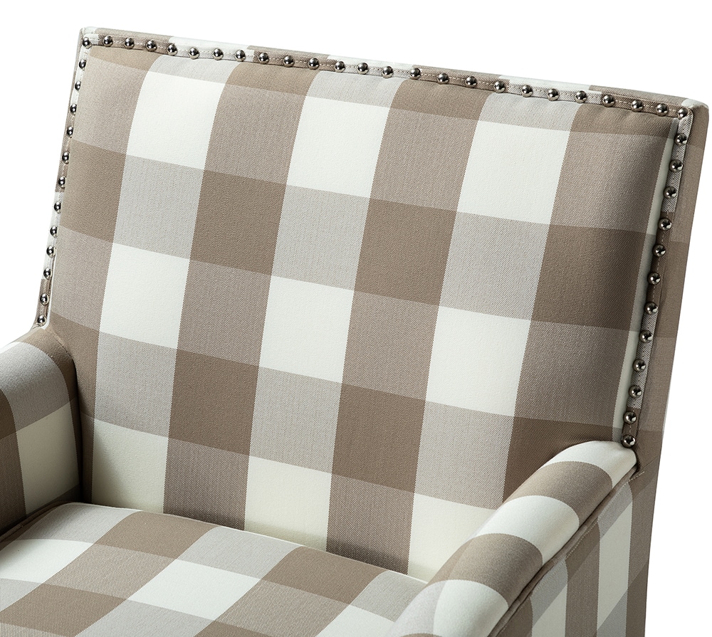 Plaid Beige Upholstered Accent Chair with Nailhead Trim