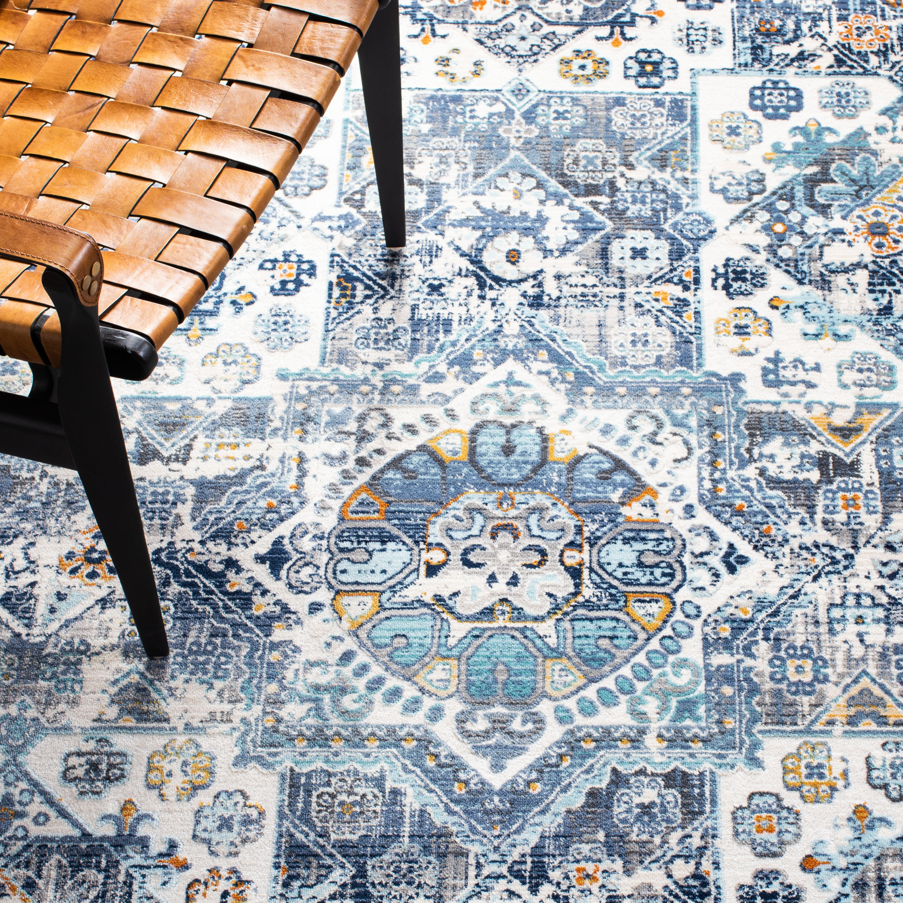 Ivory and Navy Floral Geometric Wool Area Rug