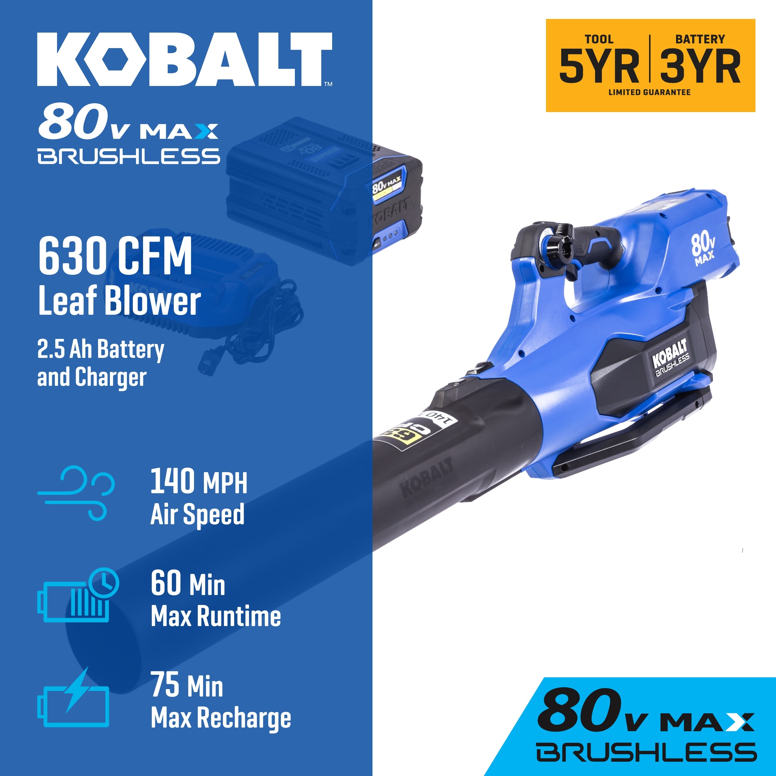 Kobalt 80 volt 630 CFM 140 MPH Battery Handheld Leaf Blower 2.5 Ah Battery and Charger Included in the Leaf Blowers department at Lowes