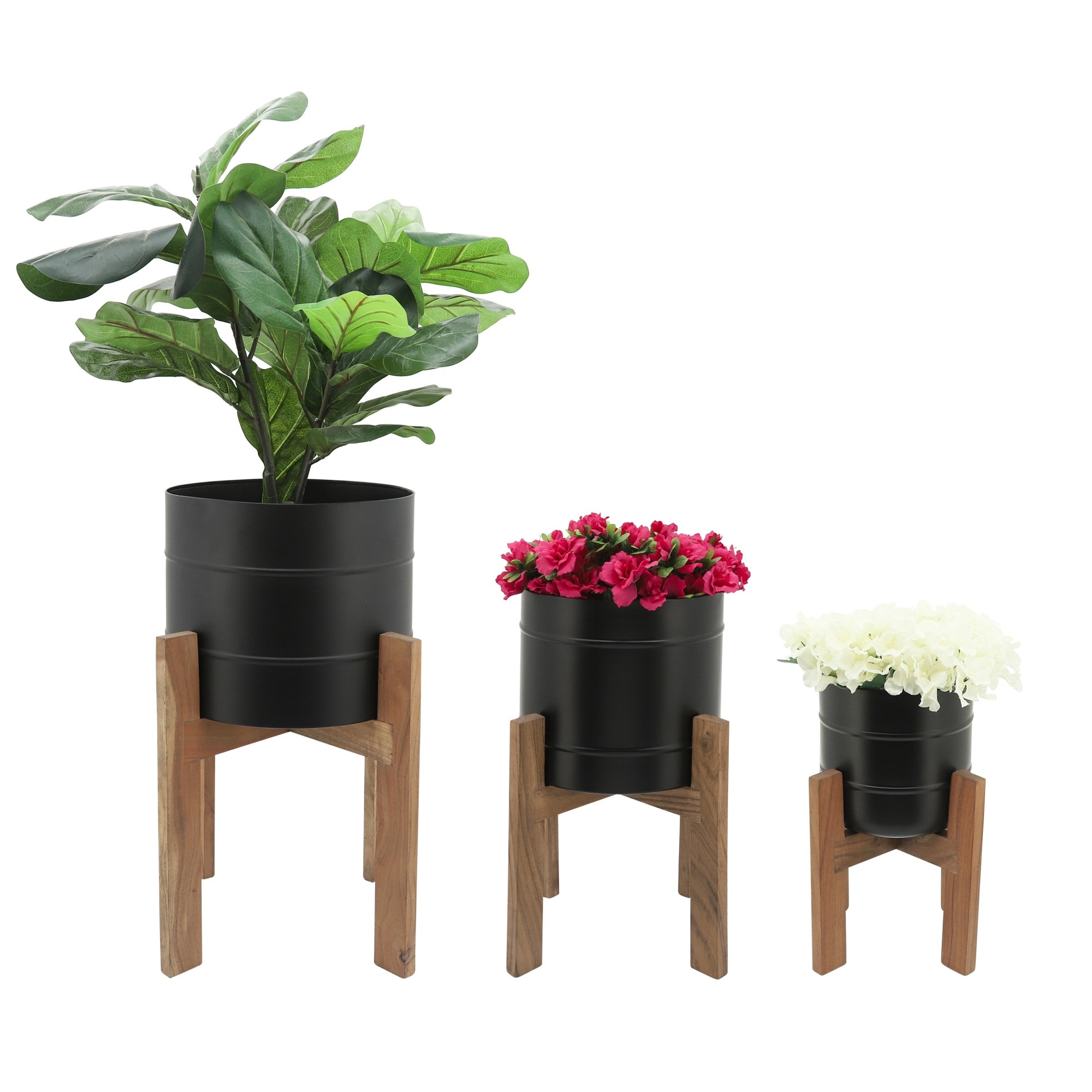 Yiekholo LL-1571AA 3 -Pack Round 16.0-in W x 22-in H x 16-in D Black Metal Indoor/Outdoor with Self Watering Planter