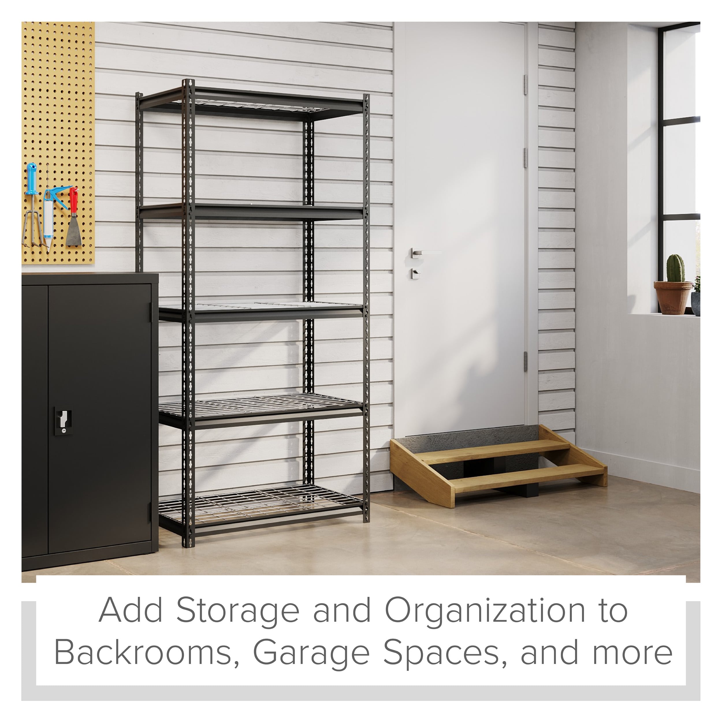 Riveted Steel 5-Shelf Adjustable Wire Deck Shelving, 72"H x 36"W x 18"D, Black