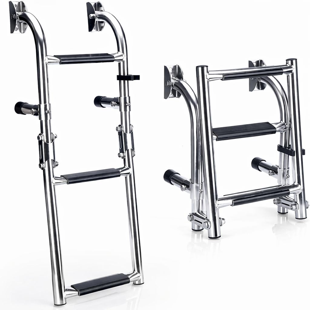SenQWFa  3 Step Boat Ladder Stainless Steel Stern Mount Pontoon Heavy Duty Telescoping Dock Ladder with Rubber Grips for Marine Boat Yacht