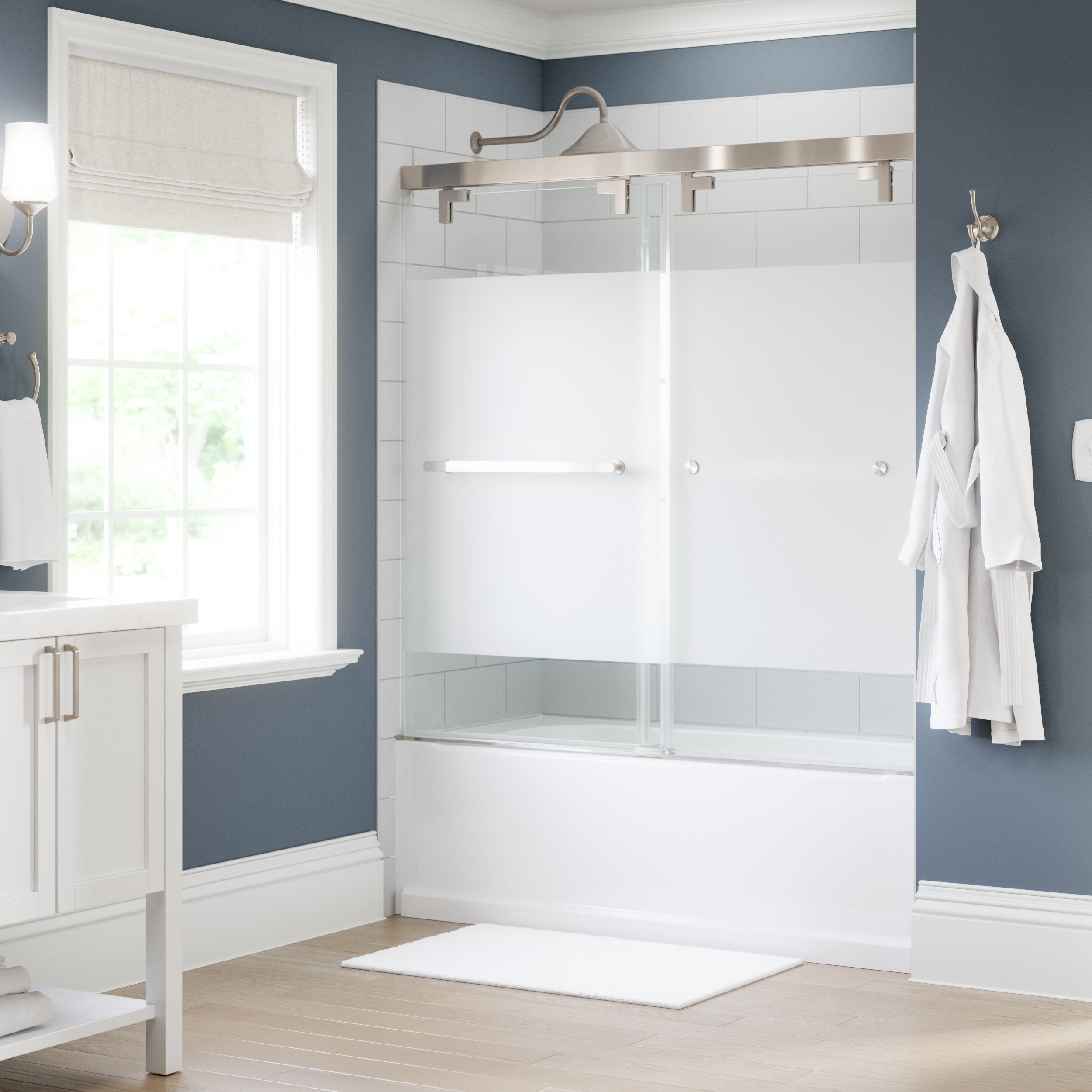 Delta SD7909814 Kesara Brushed Nickel 42-1/4-in W x 60.7481-in H Frameless Sliding Soft Close Shower Door 5/16-in Thick Frosted Glass