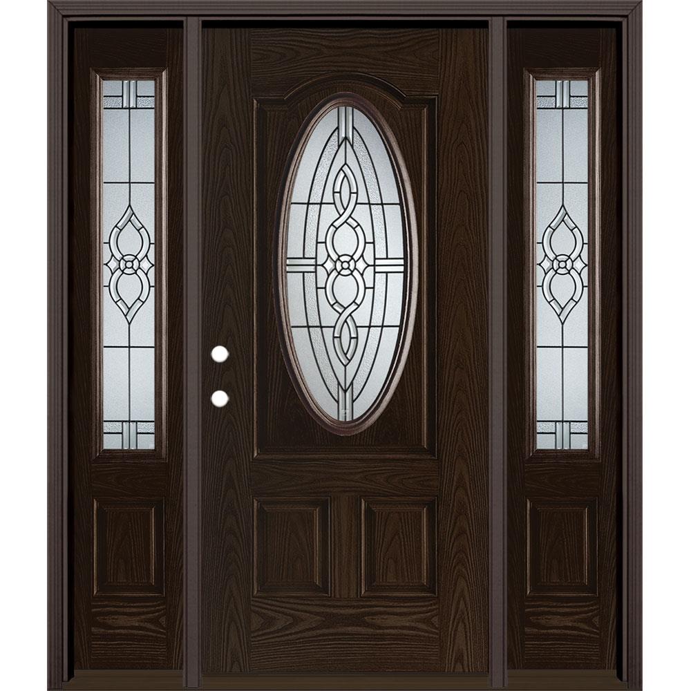 Masonite 1327210 Calista 64-in x 80-in Fiberglass Oval Lite Right-Hand Inswing Walnut Stained Prehung Single Front Door with Sidelights with Brickmould Insulating Core