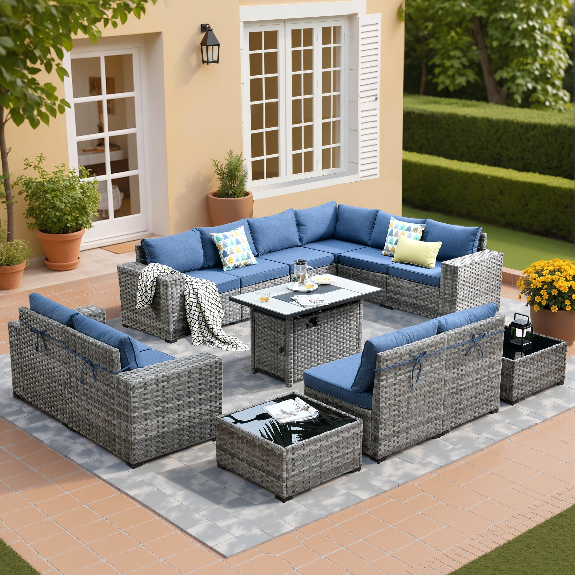 Pouuin SRFPBBR3013 13 -Piece Rattan Patio Conversation Set with Blue Cushions