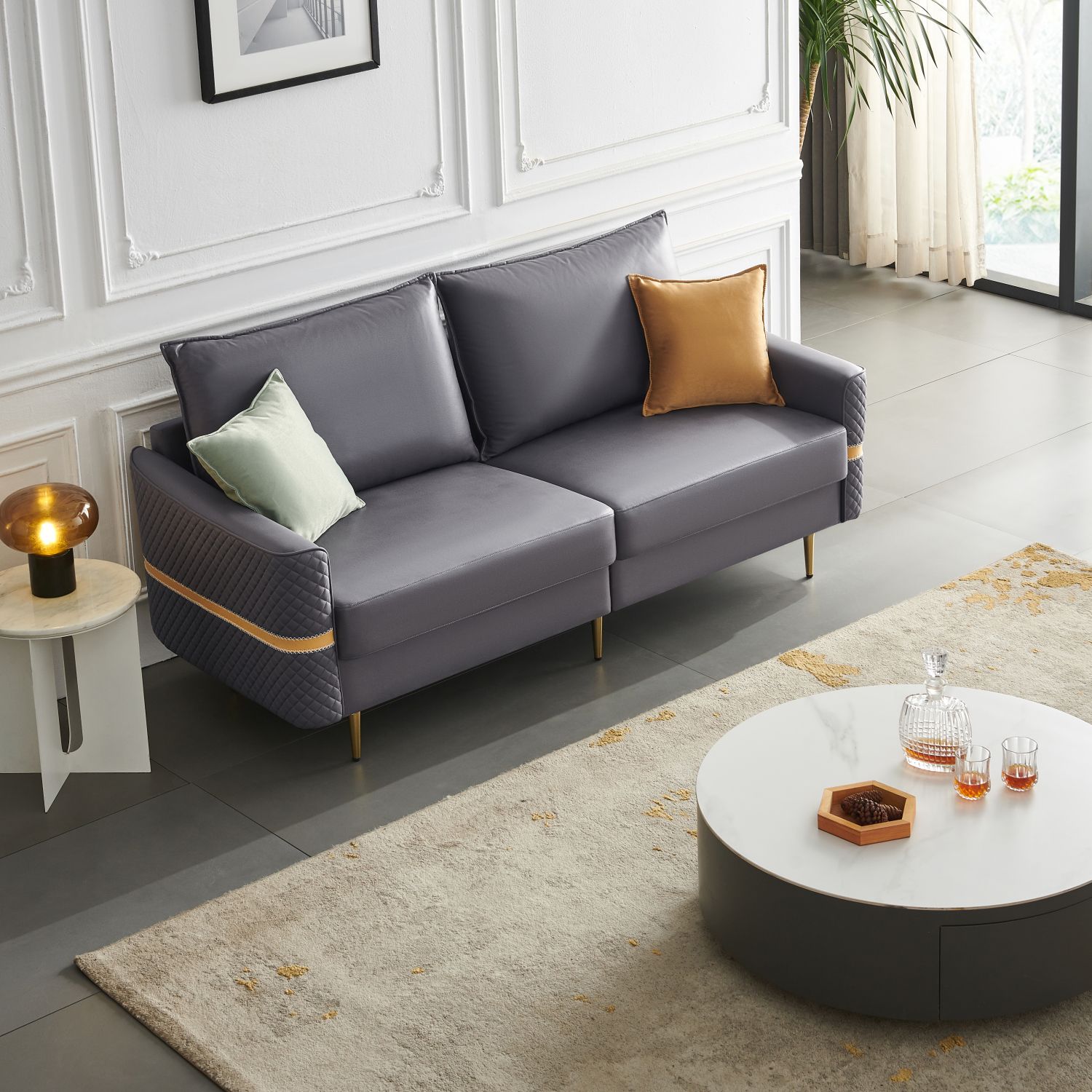 JASMODER W1368S00006 73.22 inch  Loveseat Sofa Couch, Mid Century Modern Love Seats Furniture With 2 Pillows, Heavy Duty Sleeper Sofa For Small Spaces, Living Room, Soft Couch Easy To Install(Dary Grey)