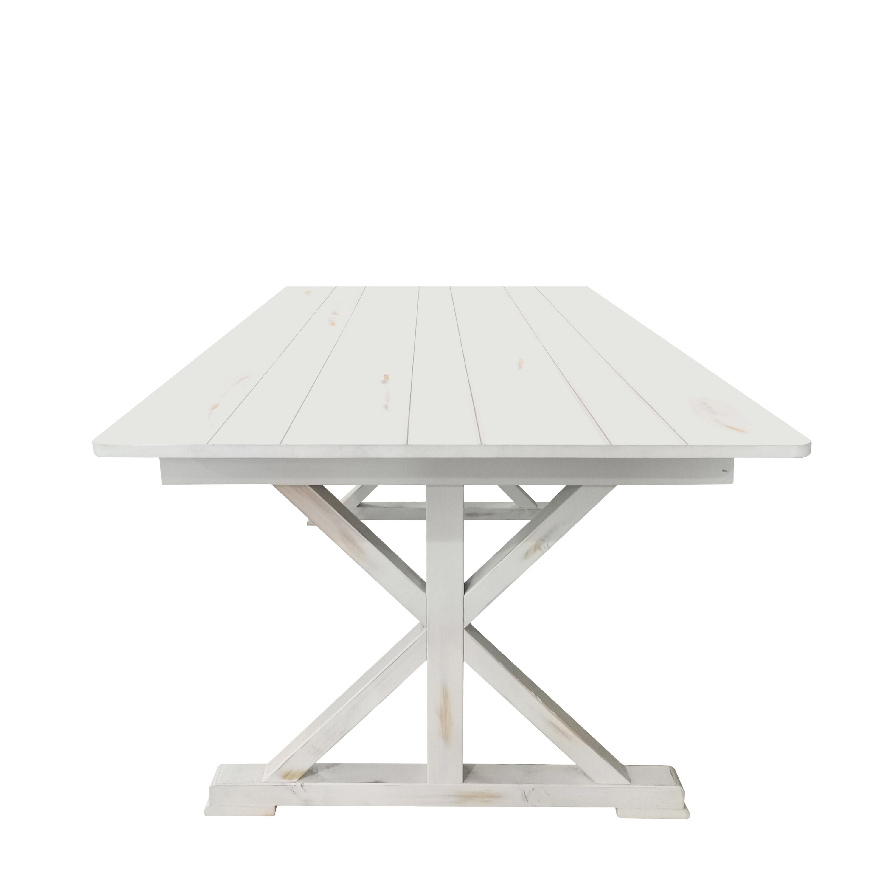 Antique Rustic White Solid Pine Foldable Dining Table with X-Legs