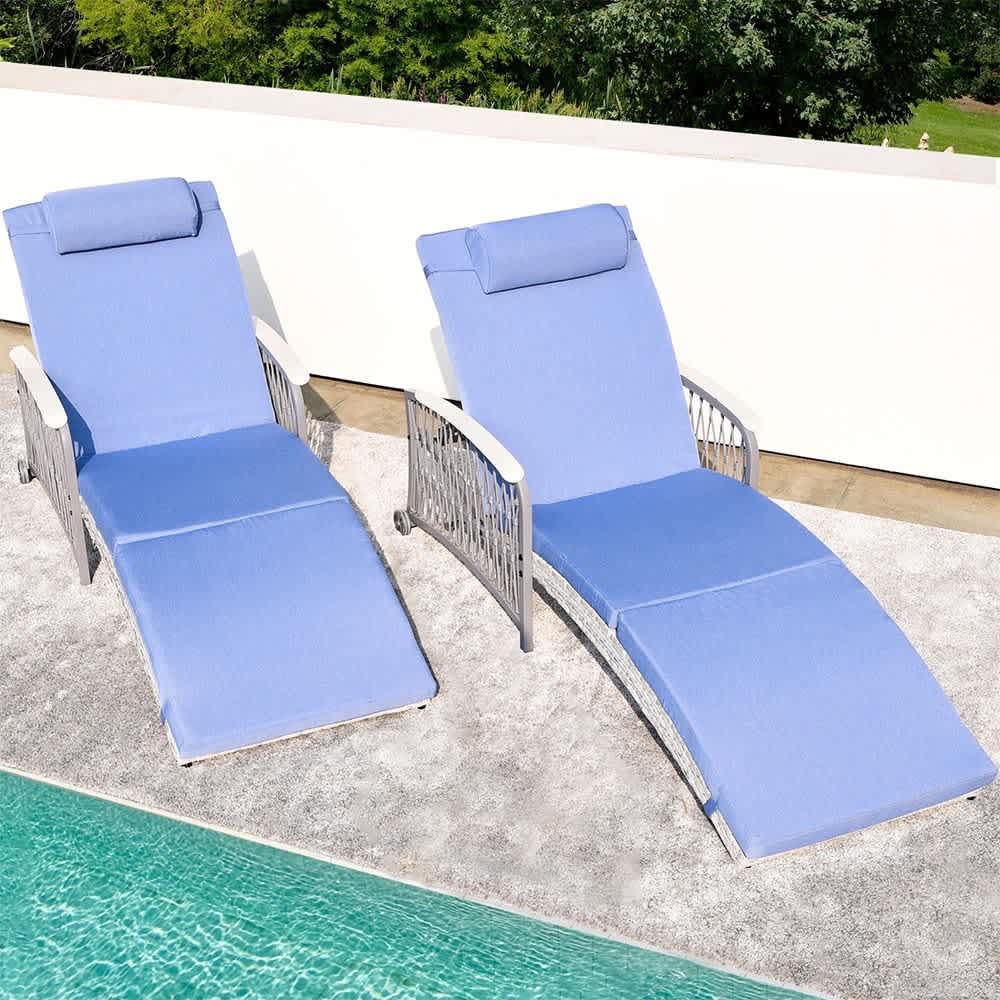JUJABU ZJCHARI-2 Blue 2 Pieces Outdoor Wicker Rattan Patio Chairs Recliners with 5-Position Backrest andThickened Cushions and Wheels for Backyard Pool Beach