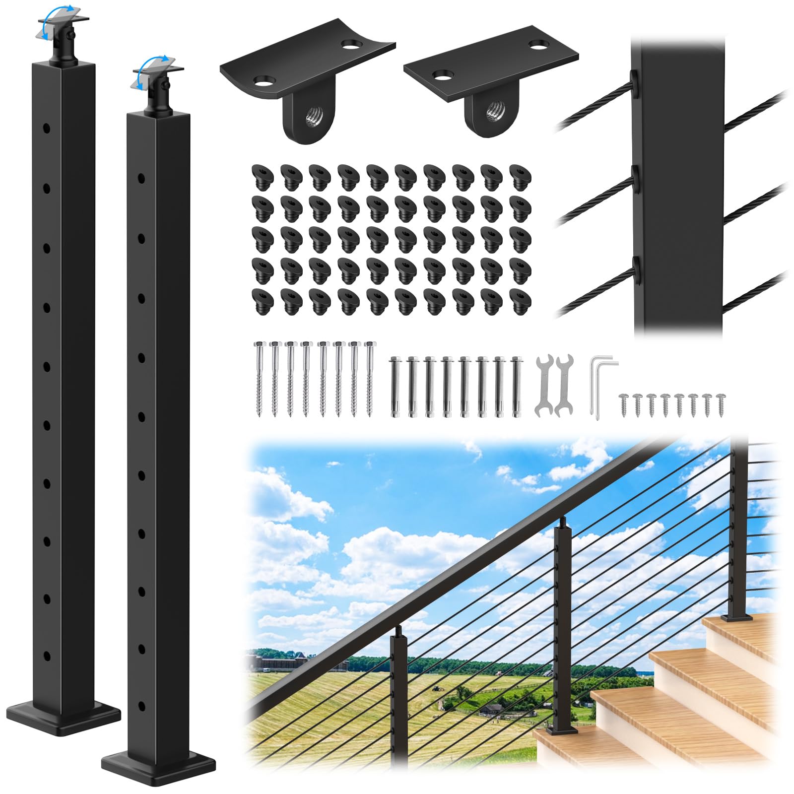 Justincity  Black Cable Railing Post 36 Inch Stair Post 2 Pack Stainless Steel Adjustable Surface Mount for Deck and Patio Railings