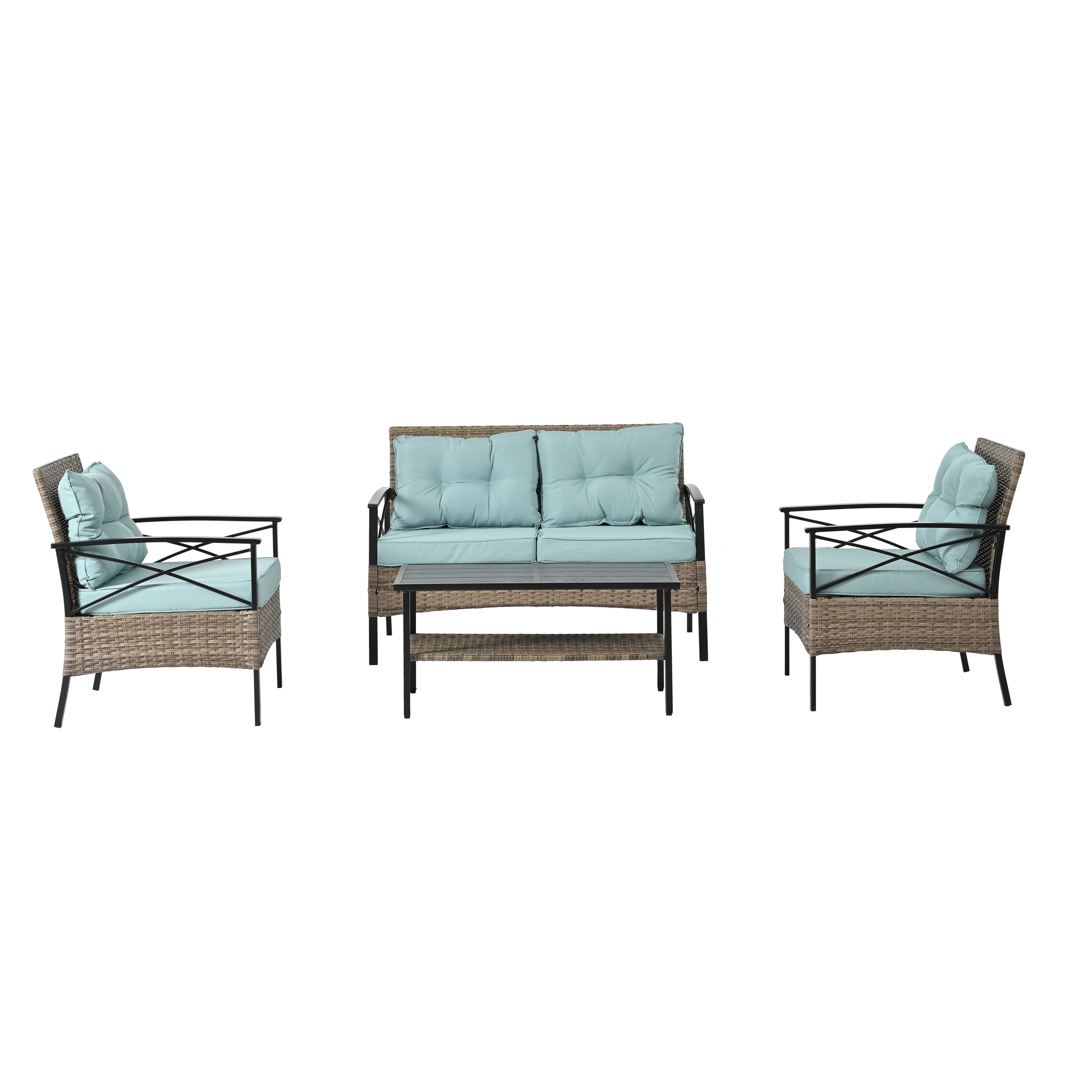 AHIOU HOME ZAAHG-S00031SF 4-Piece Rattan Patio Conversation Set with Blue Cushions