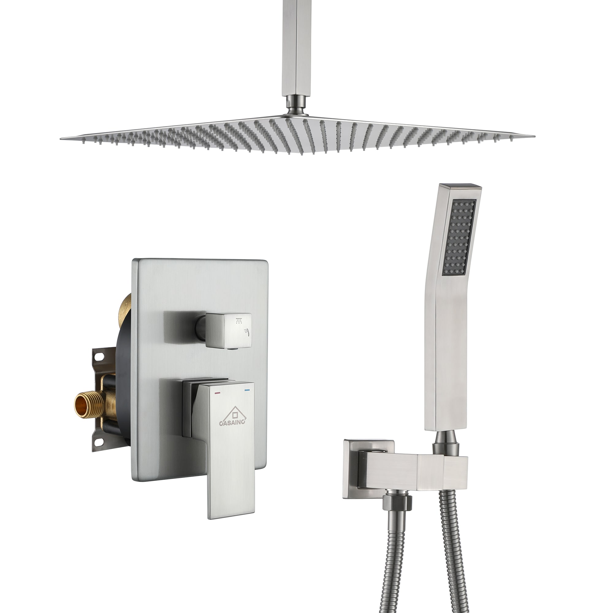 CASAINC CS3602-16BN Brushed Nickel 16-in Dual Head Built-In Shower Faucet System with 2-way Diverter (Pressure-balanced Valve Included)