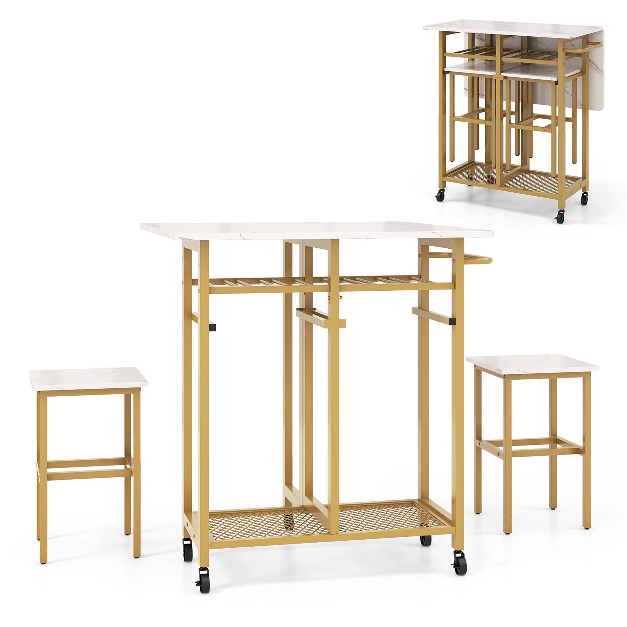 Costway HCST00983 3 -Piece White Golden Patio Dining Set Wood Rectangle Table with 2 Stationary and Motion Chairs