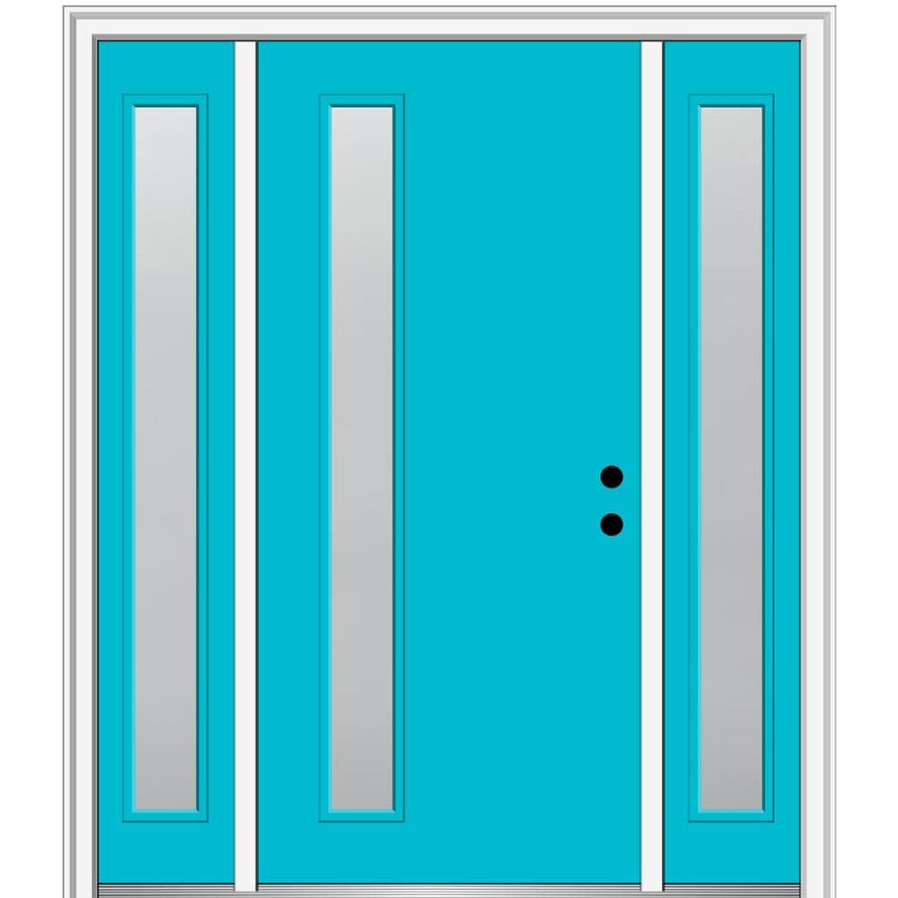 MMI DOOR ZZ347239L Spotlights 64-in x 80-in x 4-9/16-in Fiberglass Pulse lite Left-hand inswing Bahama Blue Painted Prehung Front Door with Sidelights with Brickmould Insulating core