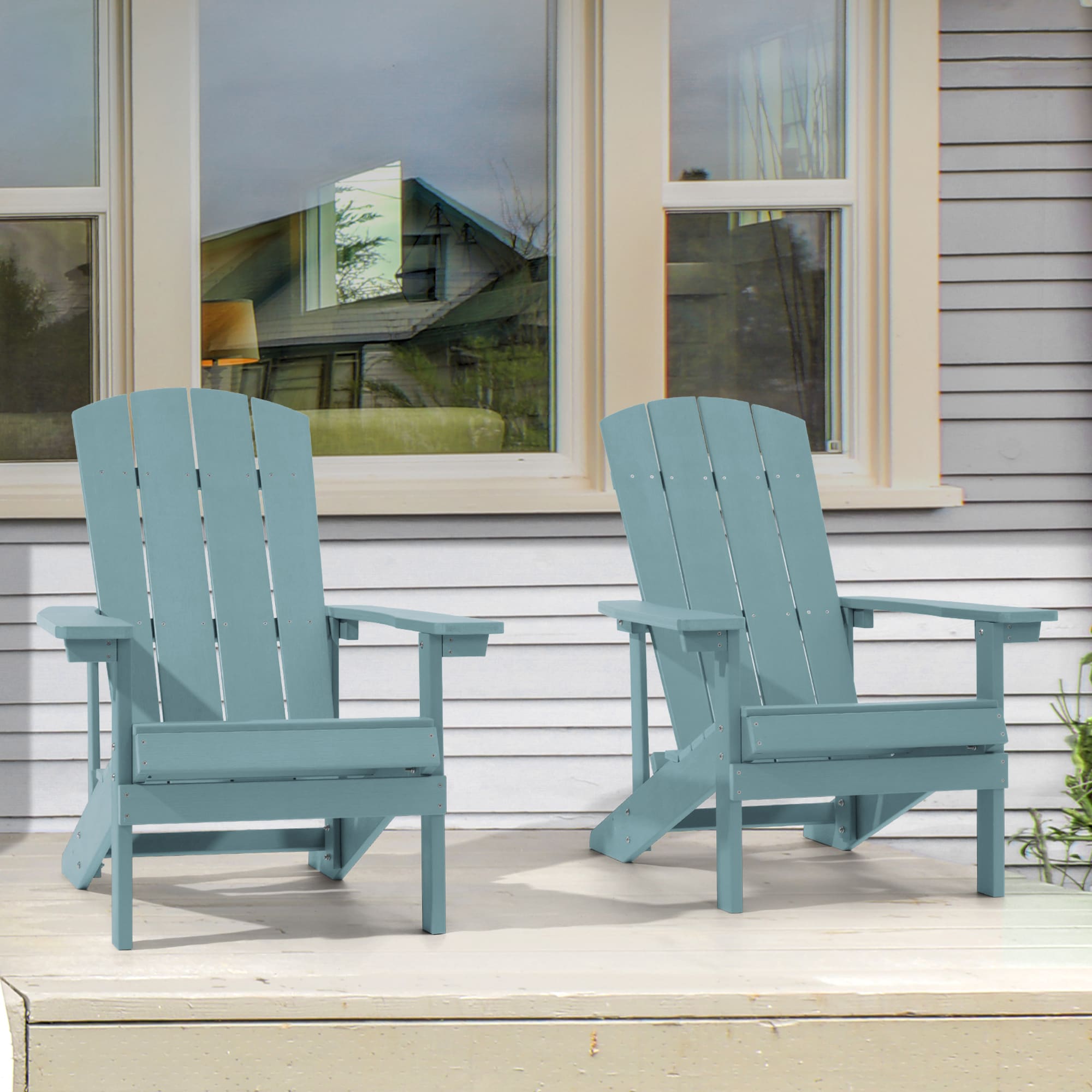 Sonkuki SD-AD-B5LB-2 Adirondack Chair Set of 2 Lake Blue Plastic Frame Stationary Adirondack Chair with Blue Slat Seat