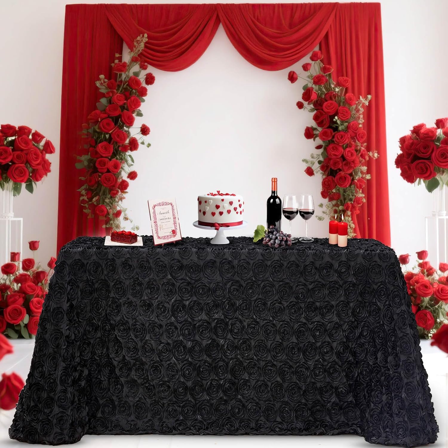 B-Cool B0CYH23ZGR Rosette Tablecloth Black 60x102 Inch 3D Floral Rectangle Table Cloth Birthday Table Cloths for Outdoor Graduation Birthday Party Holiday Decorations