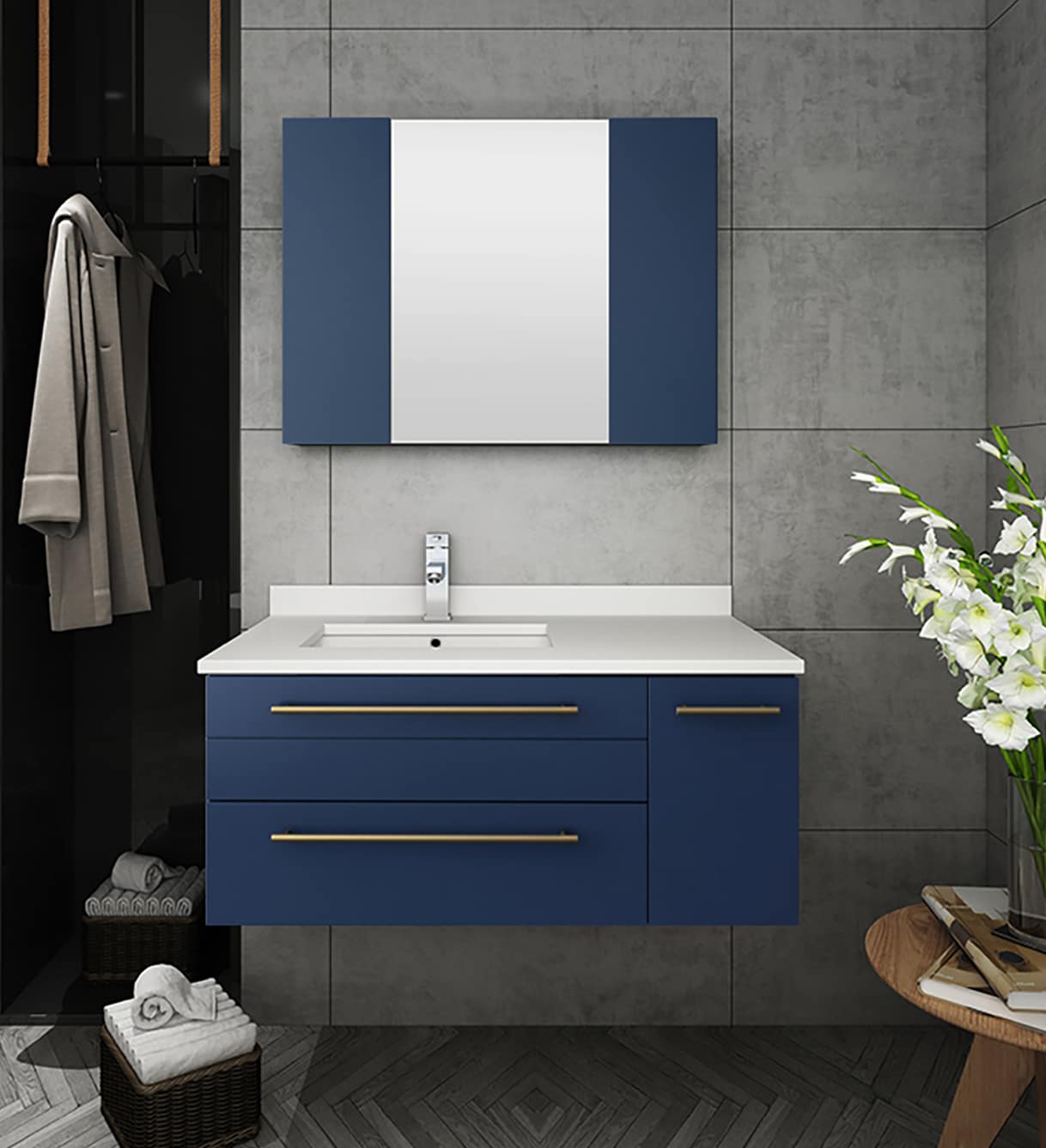 Fresca FVN6136RBL-UNS-L Lucera 36-in Royal Blue Undermount Single sink Floating Bathroom Vanity with White Quartz Top