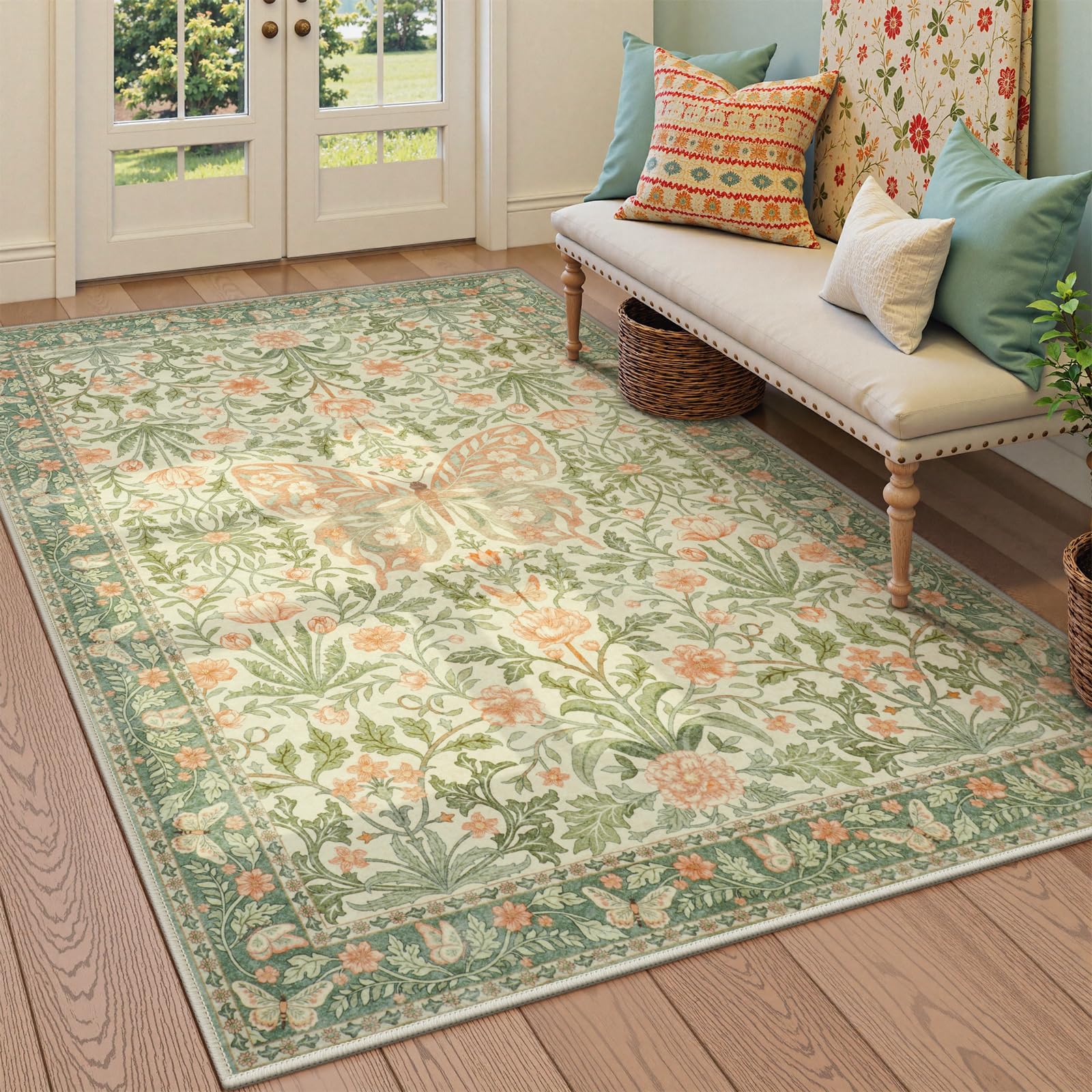 Lahome AR-DYR-468-G2 6 x 9 (ft) Grass Green GST Morris Butterfly Full Coverage Short Pile Velvet Rectangular Indoor Area Rug