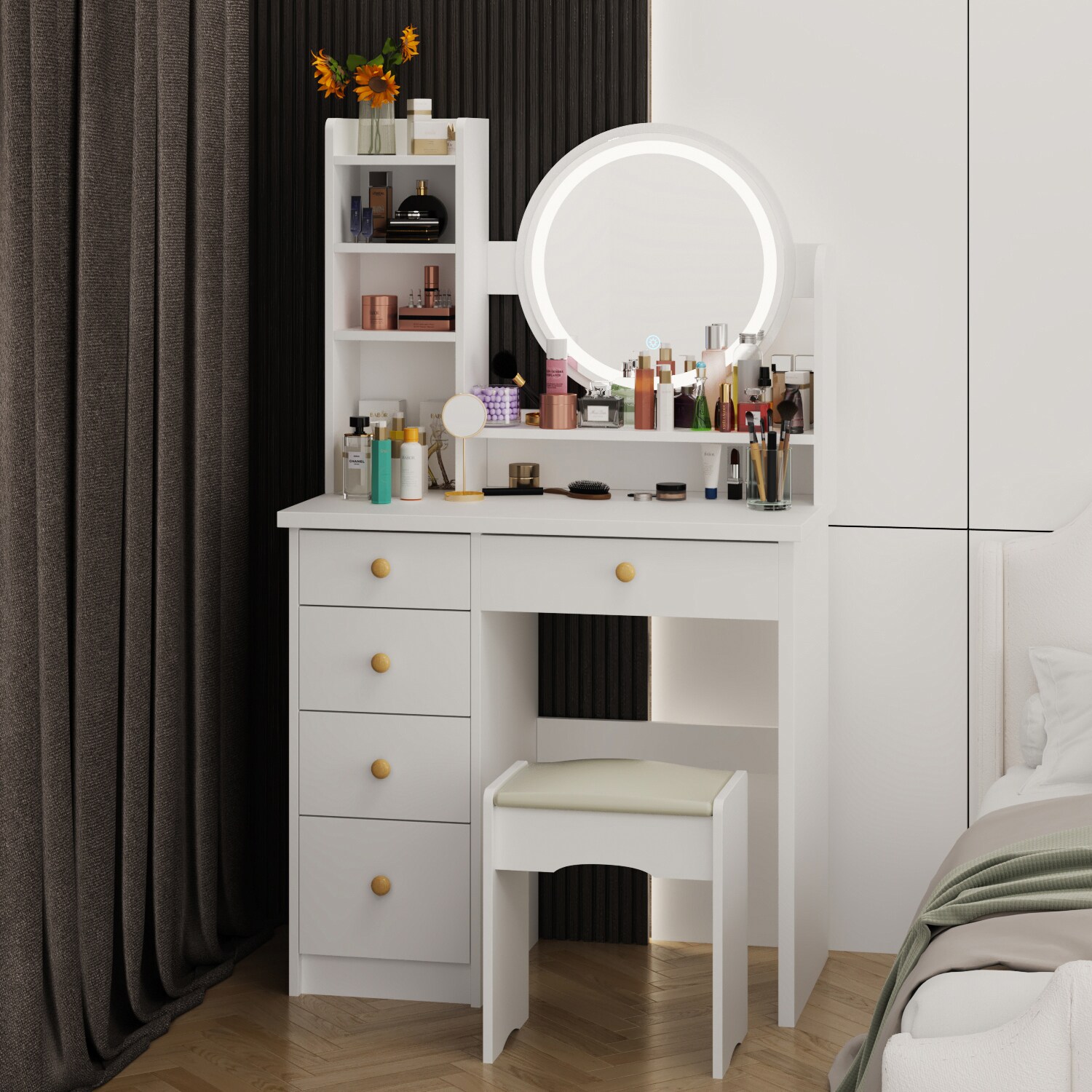 FUFU&GAGA Contemporary White Makeup Vanity Table Set with Mirror and Stool  - Sturdy Metal Frame, 5 Drawers, Large Storage Capacity in the Makeup  Vanities department at