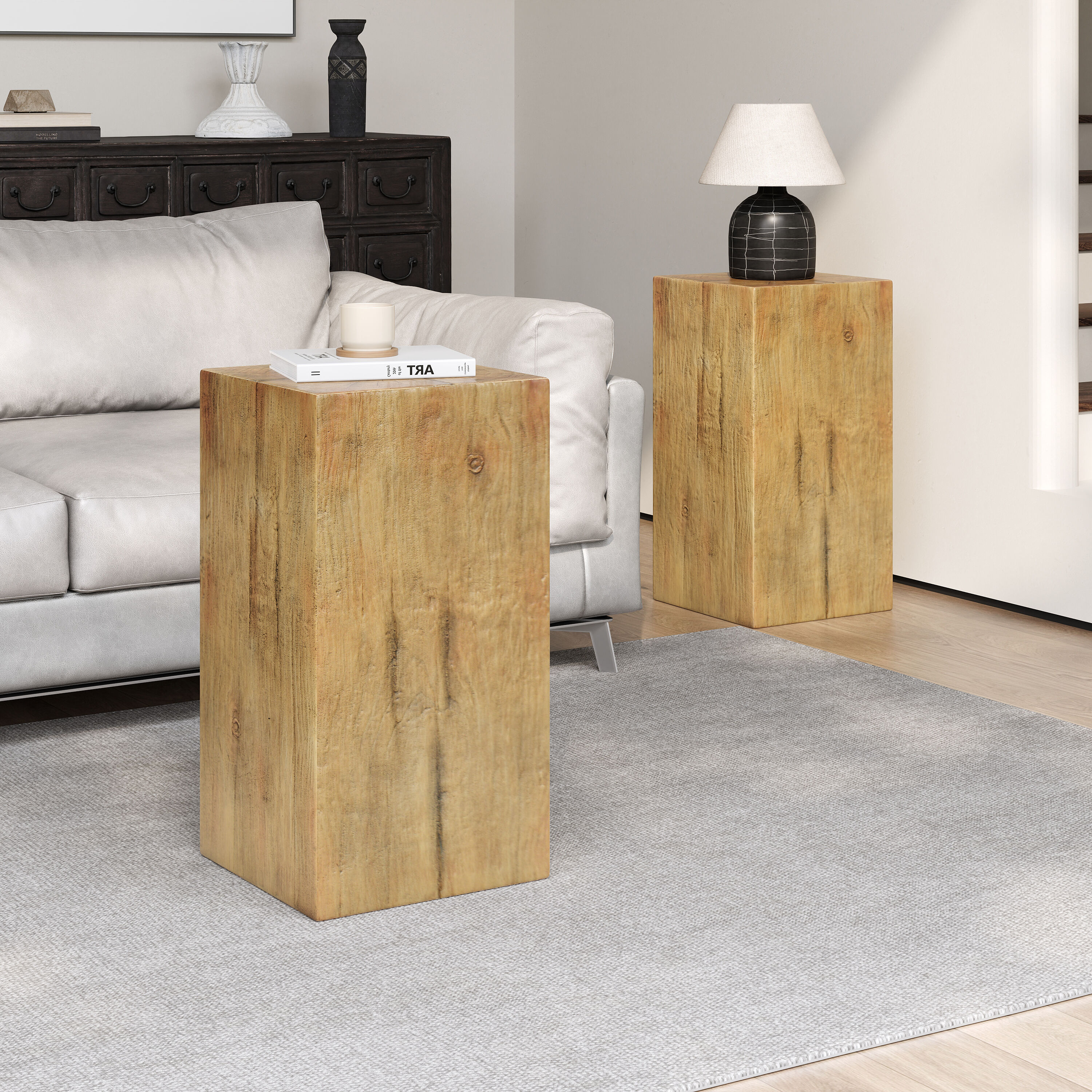 LUXEYARD Wood Look Square Column MGO End Table H27.75inch Wood Like ...