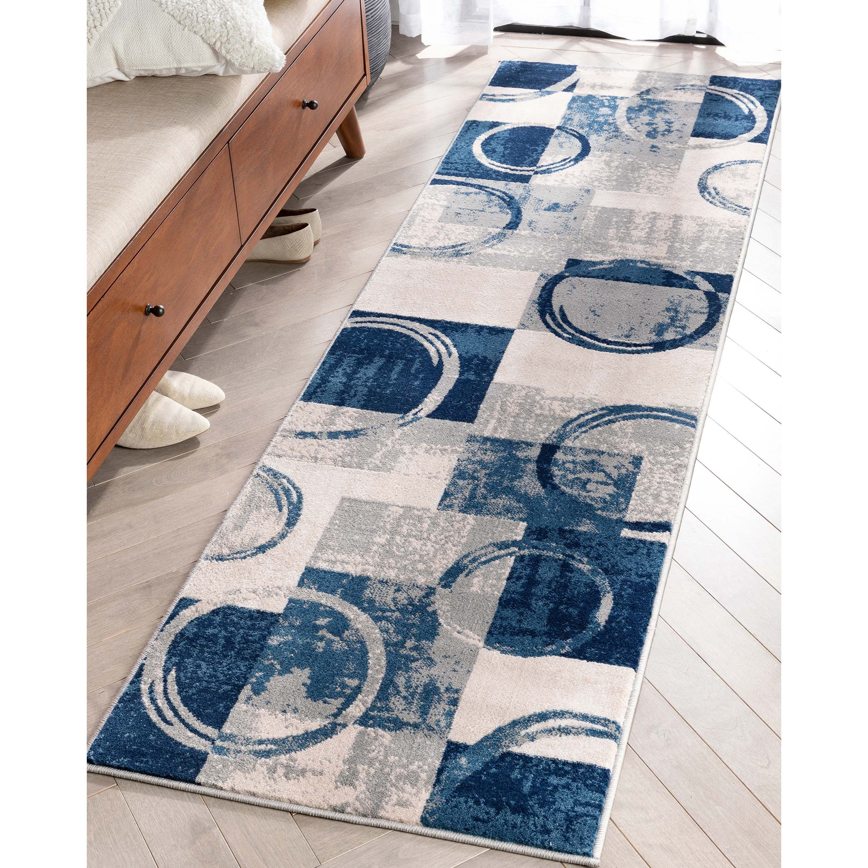 Geometric Gray Blue Synthetic Runner Rug