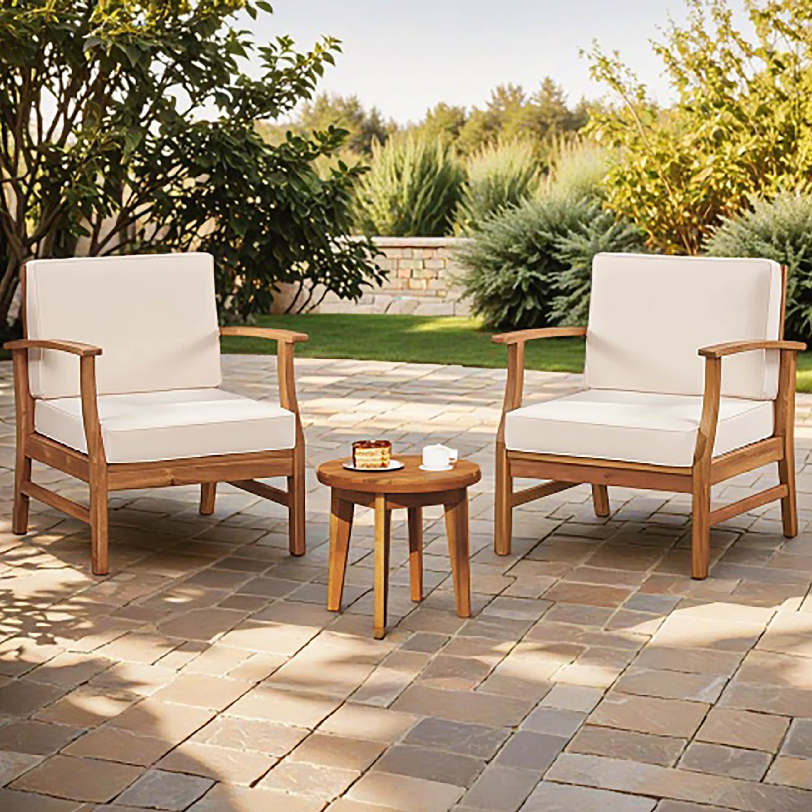 Christopher Knight Home Outdoor Modern Acacia Wood 3-Piece Patio Conversation Set with Cushioned Club Chairs Round Side Table Slat Panel Design and Water Resistant Cushions Teak and Cream