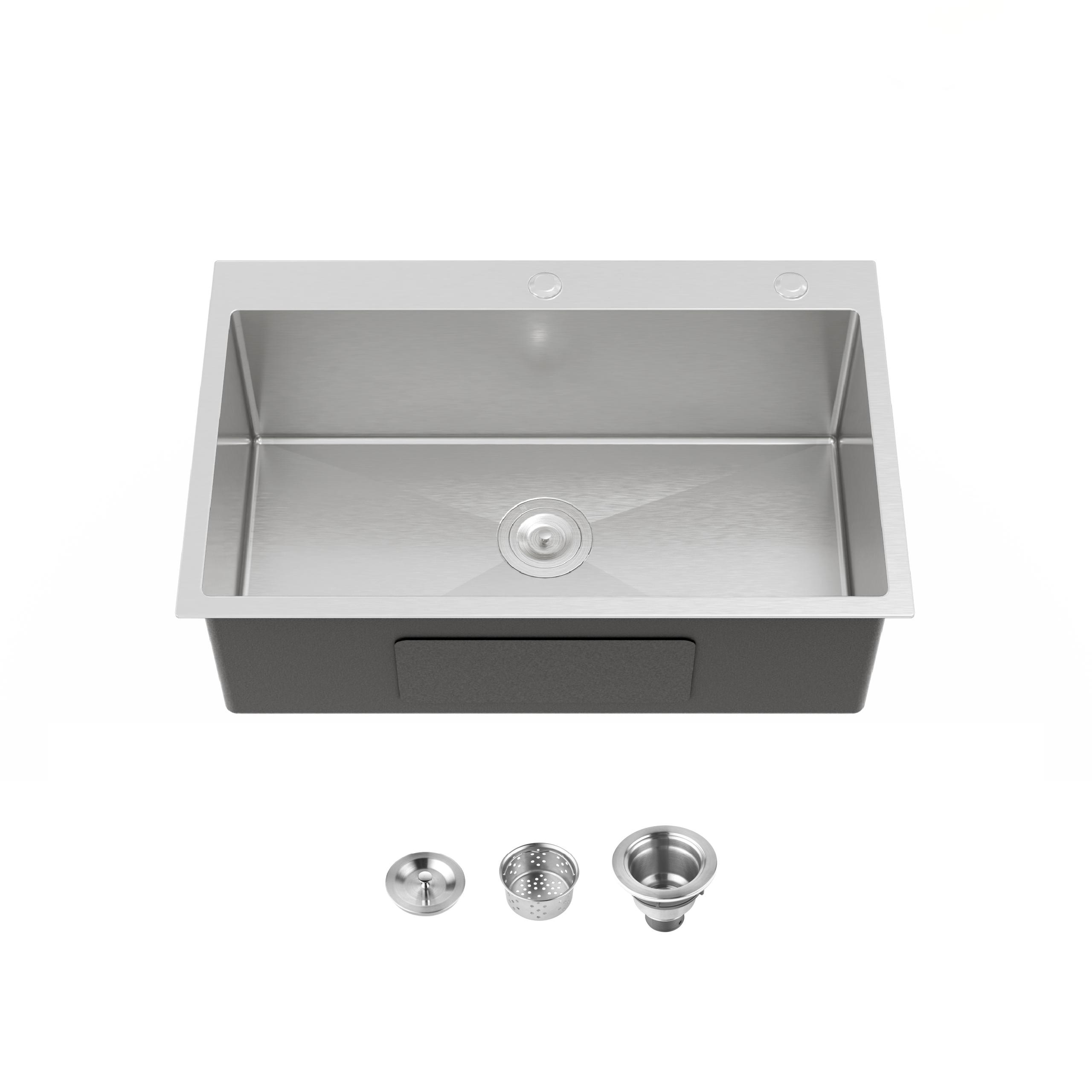 Rainlex 30-inx19-in Brushed Nickel Drop-In Kitchen Sink-Single Bowl 16 Gauge Stainless Steel Topmount Sink with US Drain And Hooks