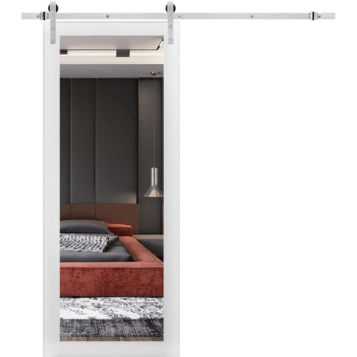 SARTODOORS Interior Barn Doors - Lucia 1299 White Silk 42 x 80-Mirror-Silver Rail