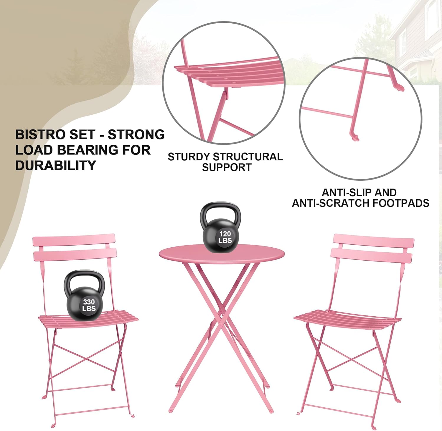Garvee 3-Piece Outdoor Pink Patio Bistro Set Folding Table and Chairs ...