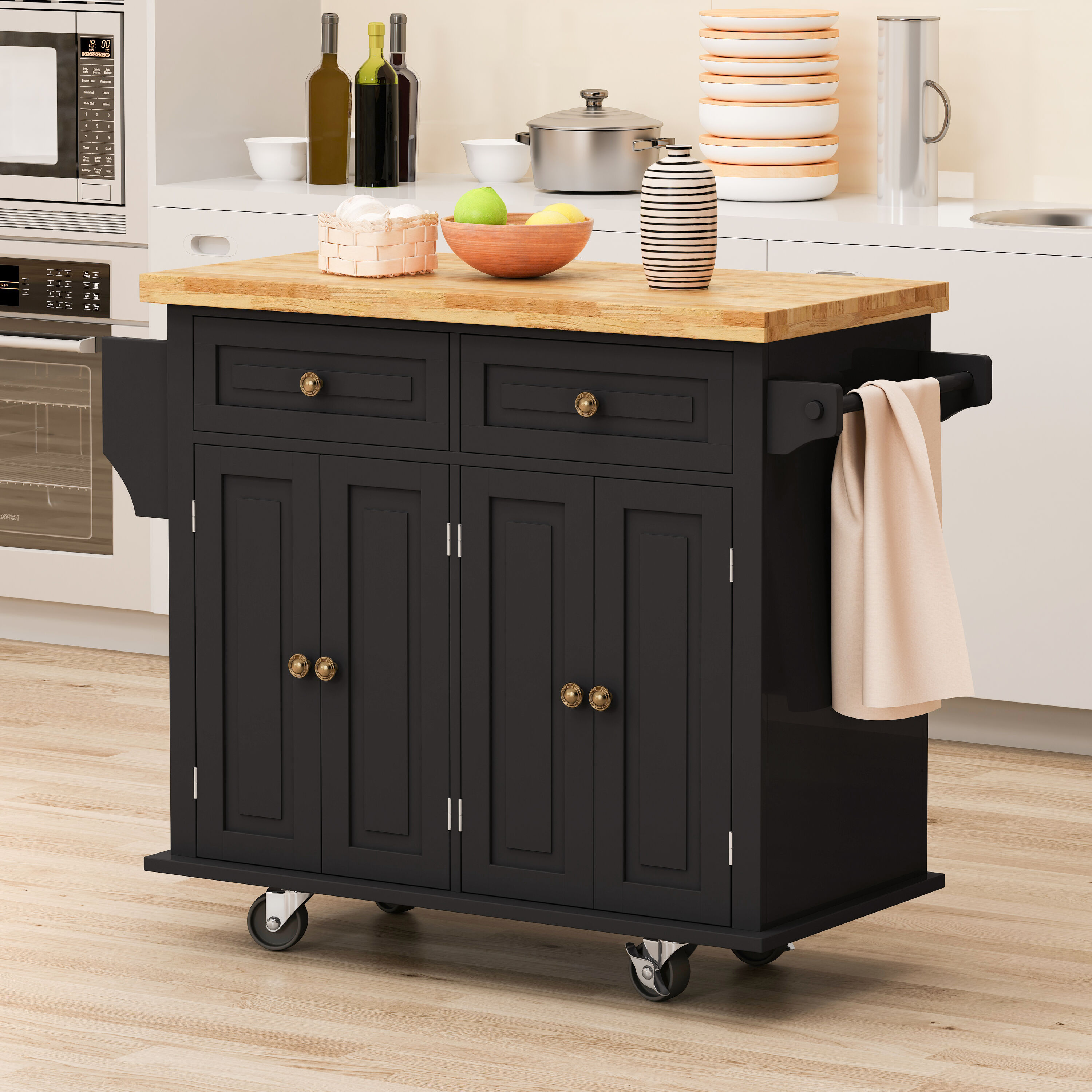 CESICIA Black Wood Base with Wood Top Rolling Kitchen Island (17.5-in x ...